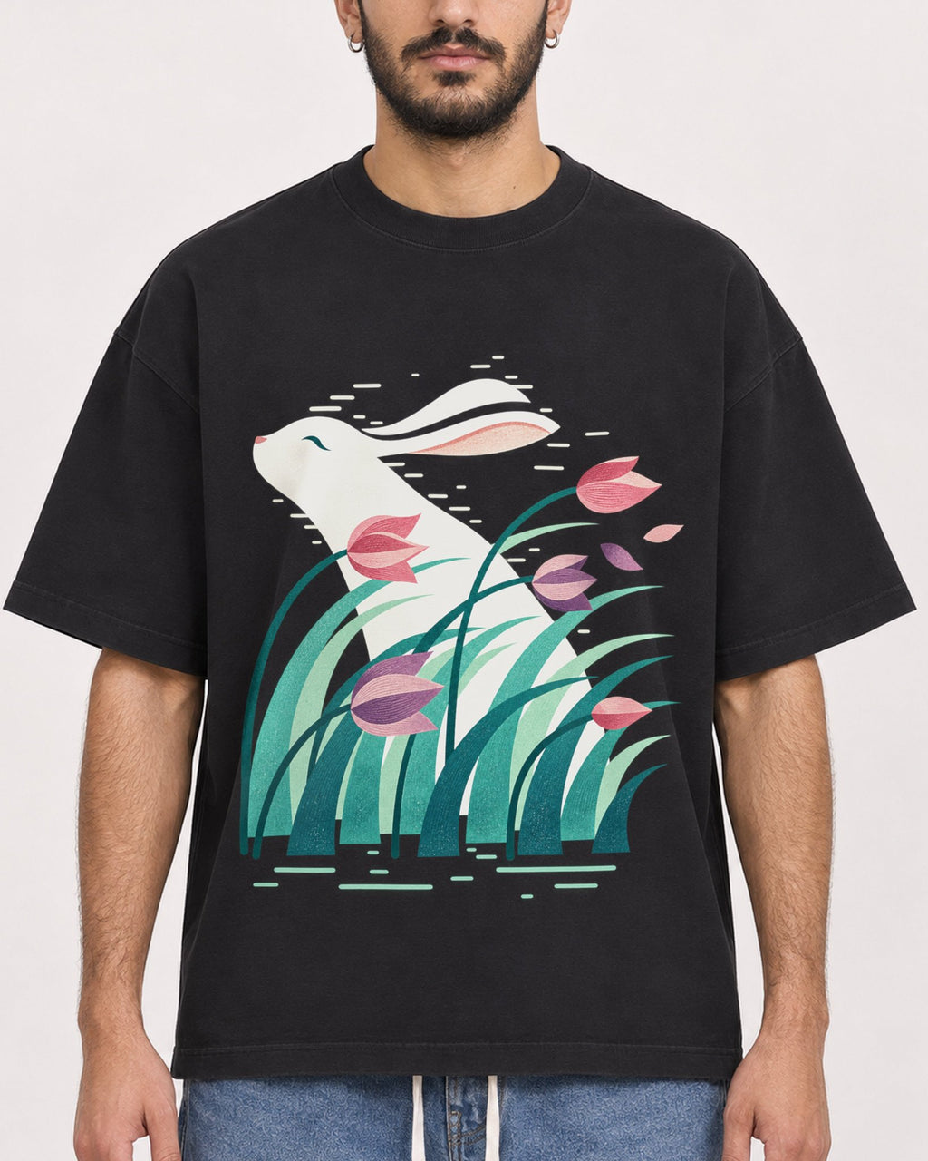 Mockup Boxy Heavyweight Tee Black male close-up 07