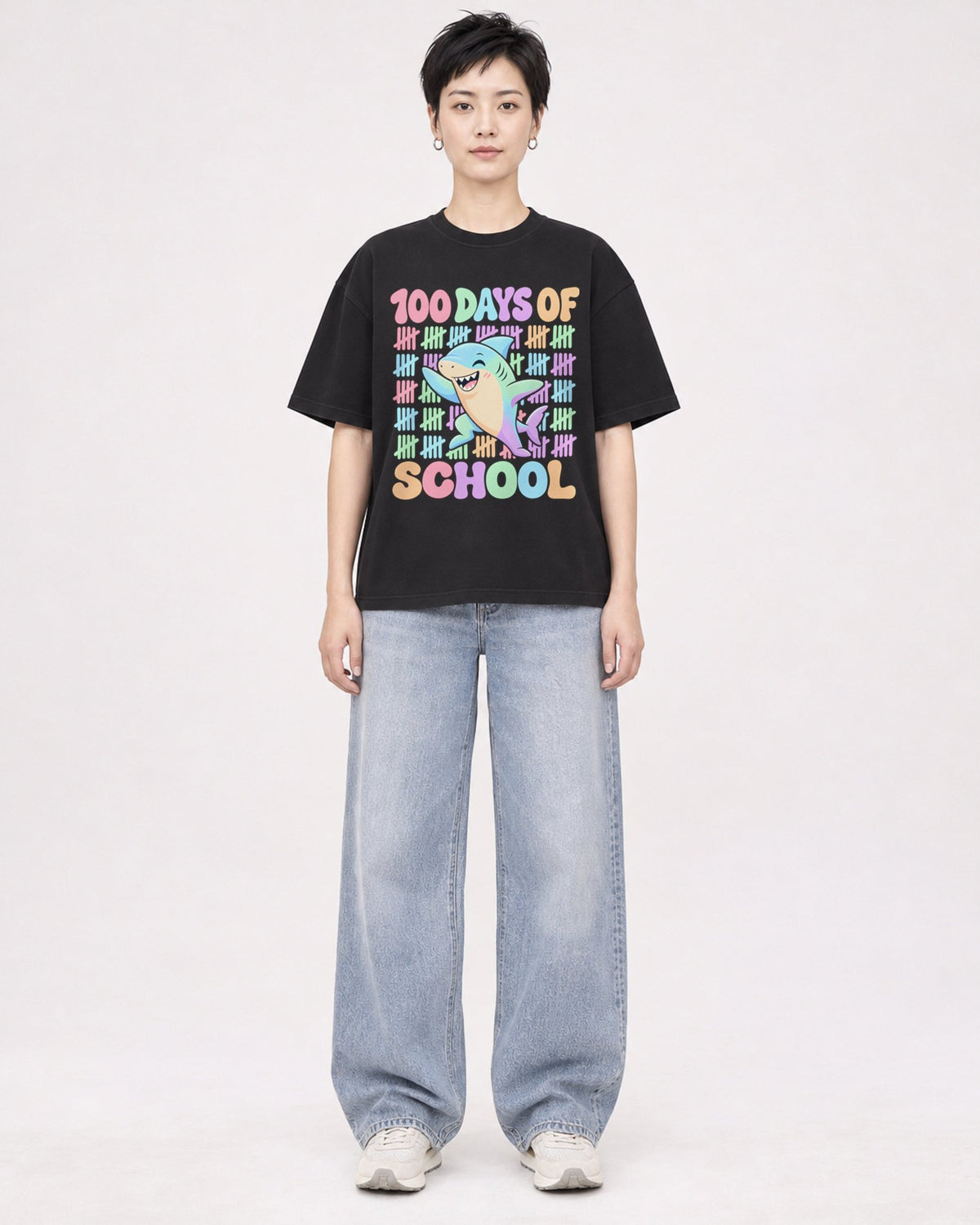 Mockup Boxy Heavyweight Tee Black female full-body 23