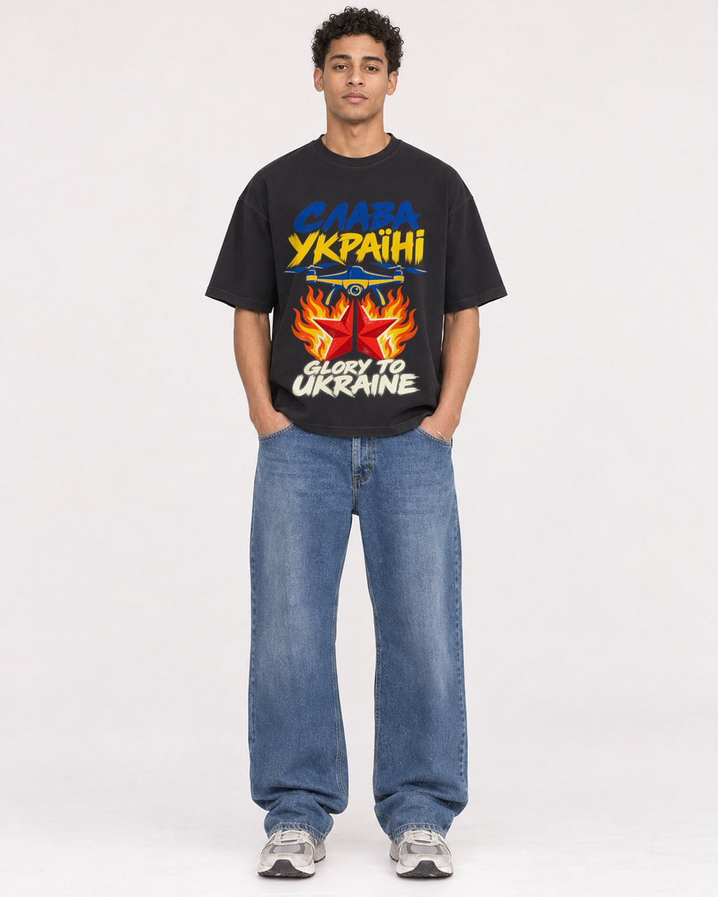Mockup Boxy Heavyweight Tee Black male full-body 10