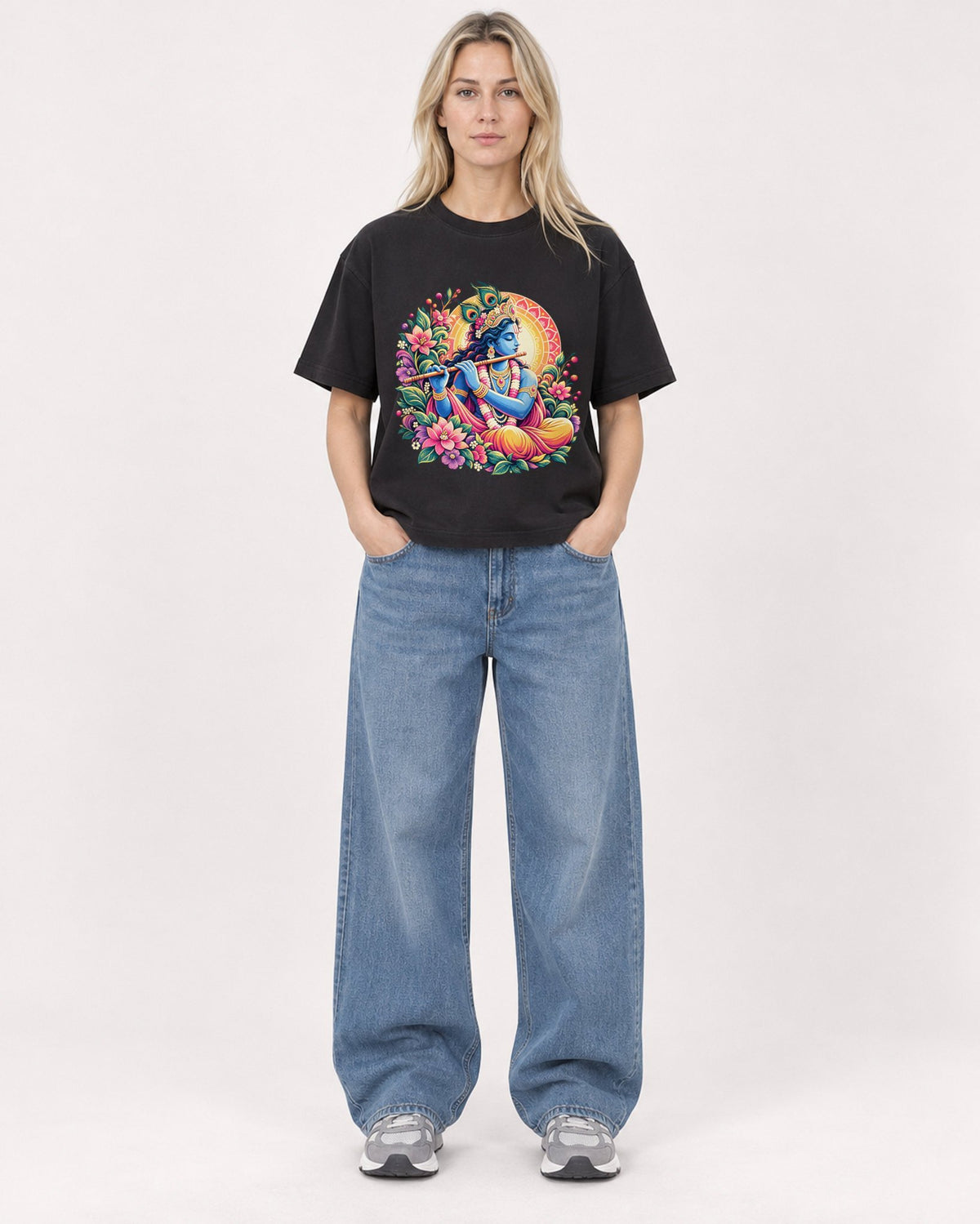 Mockup Boxy Heavyweight Tee Black female full-body 08