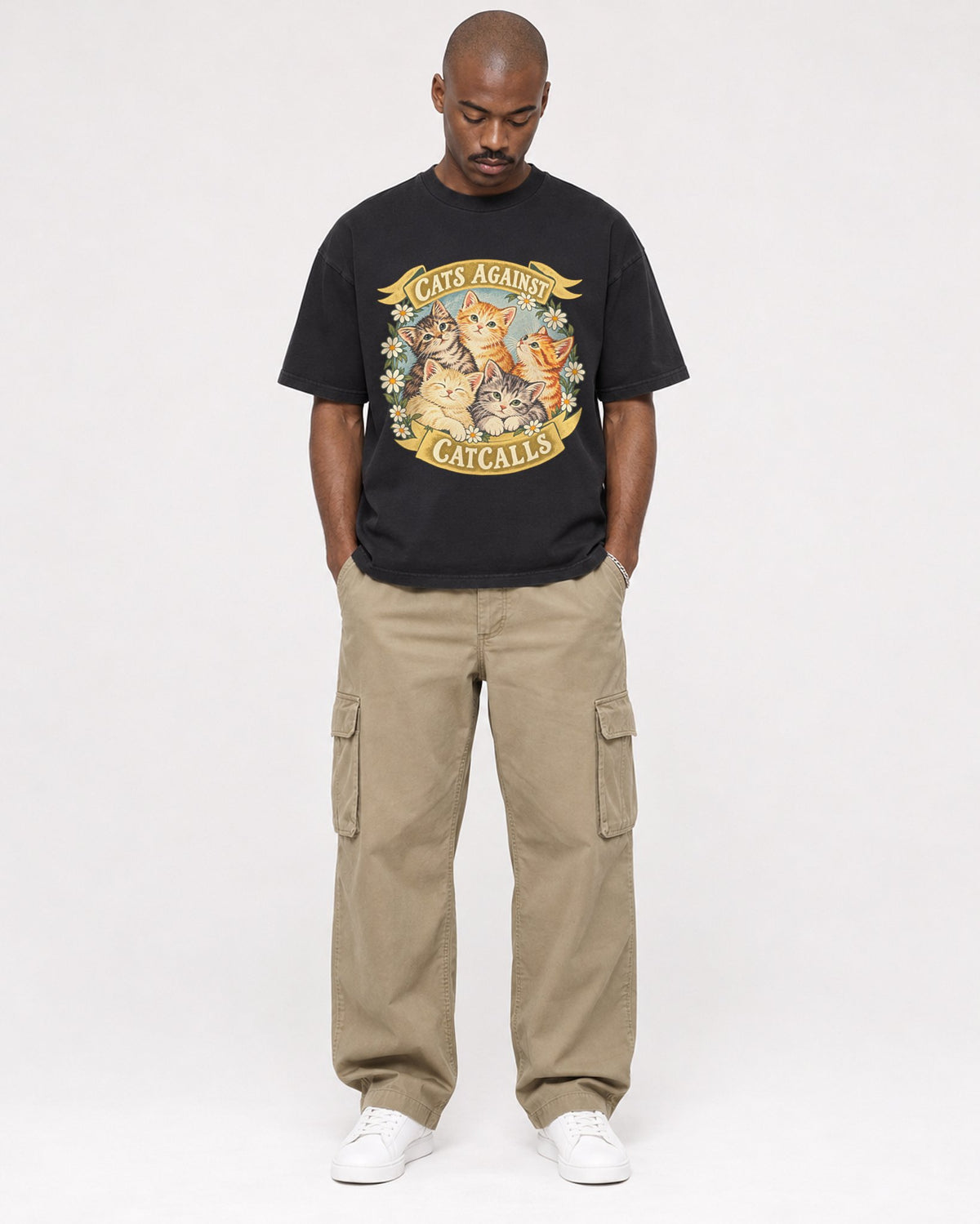 Mockup Boxy Heavyweight Tee Black male full-body 44