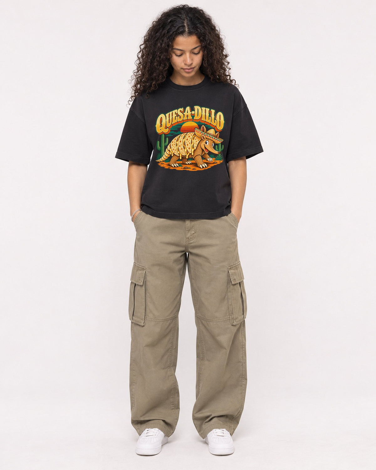 Mockup Boxy Heavyweight Tee Black female full-body 10