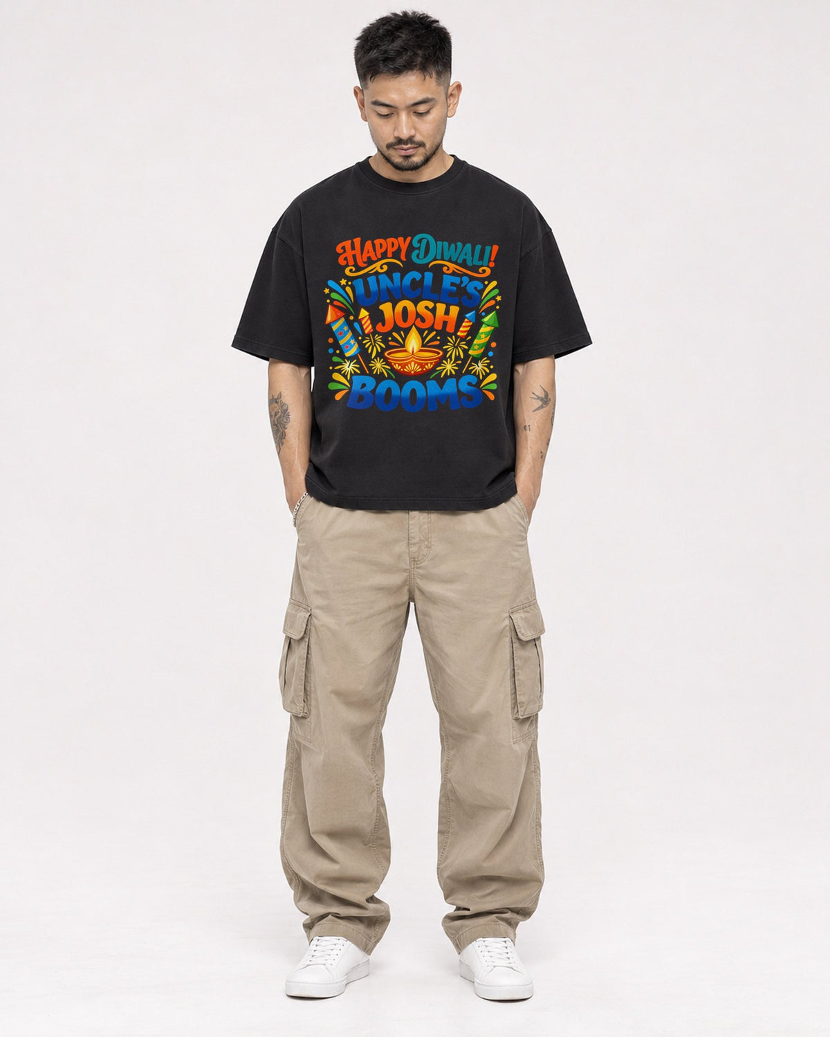 Mockup Boxy Heavyweight Tee Black male full-body 12