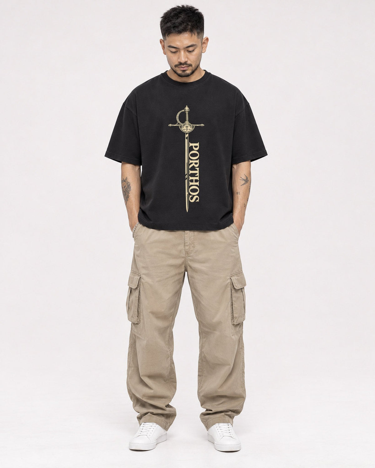 Mockup Boxy Heavyweight Tee Black male full-body 12