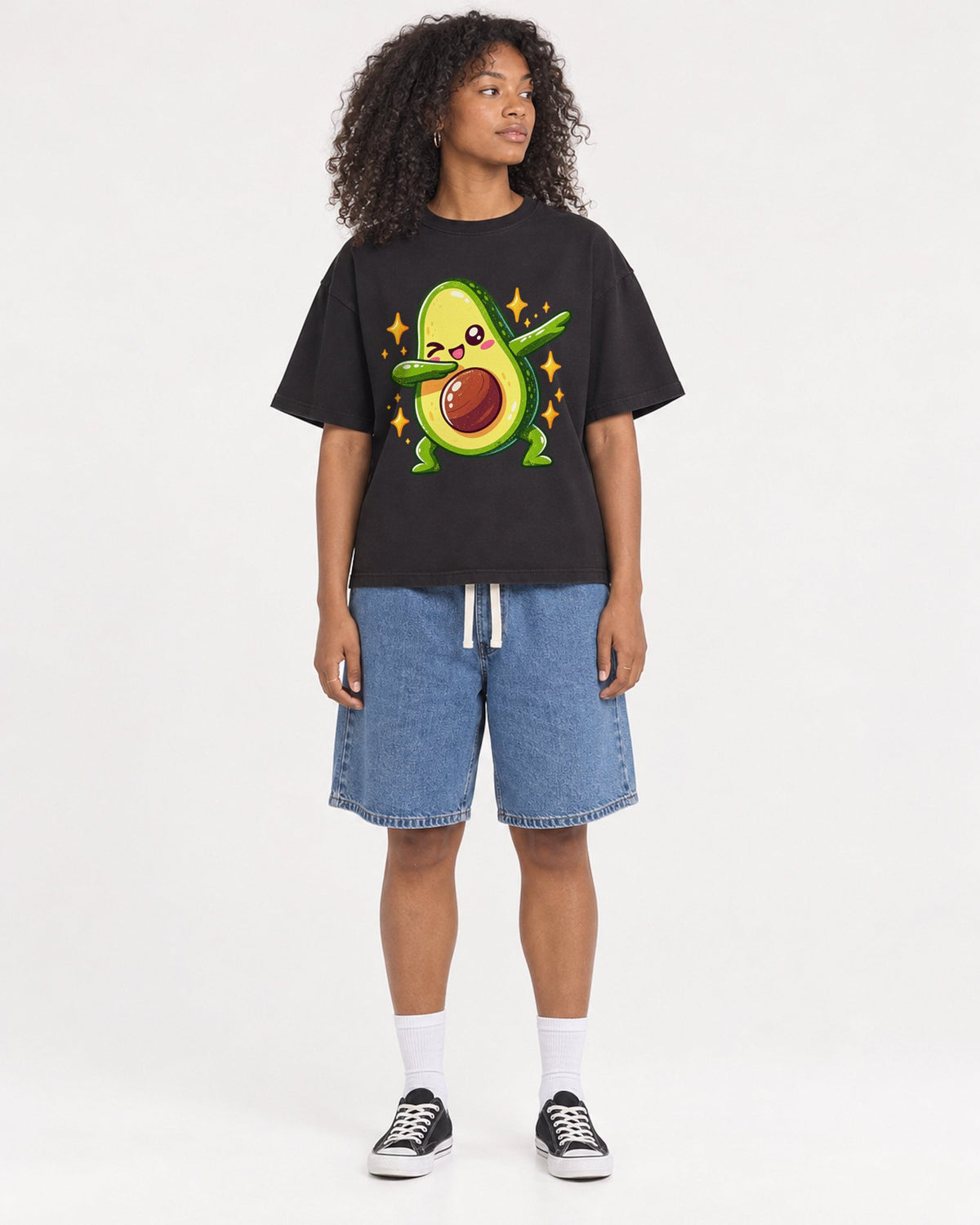 Mockup Boxy Heavyweight Tee Black female full-body 05