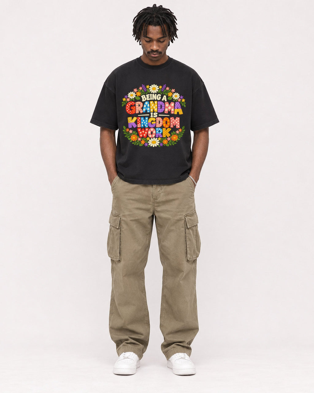 Mockup Boxy Heavyweight Tee Black male full-body 04