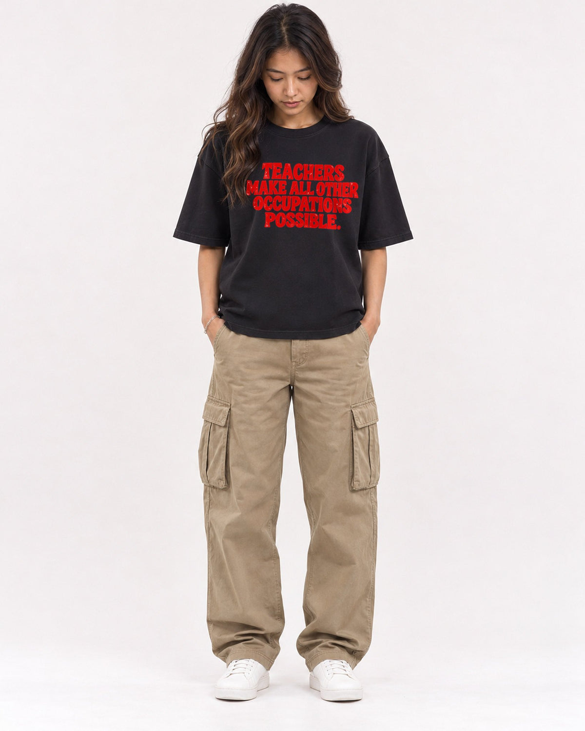 Mockup Boxy Heavyweight Tee Black female full-body 02