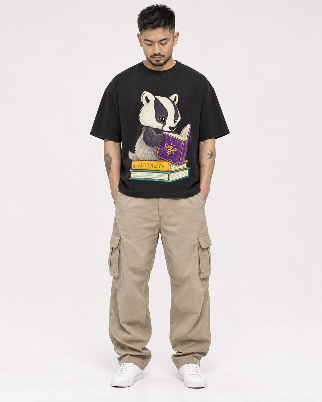 Mockup Boxy Heavyweight Tee Black male full-body 12