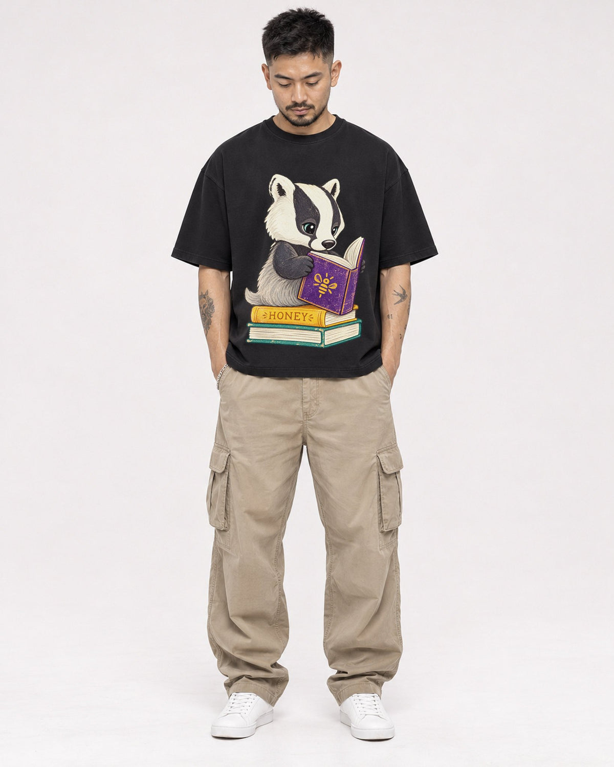 Mockup Boxy Heavyweight Tee Black male full-body 12