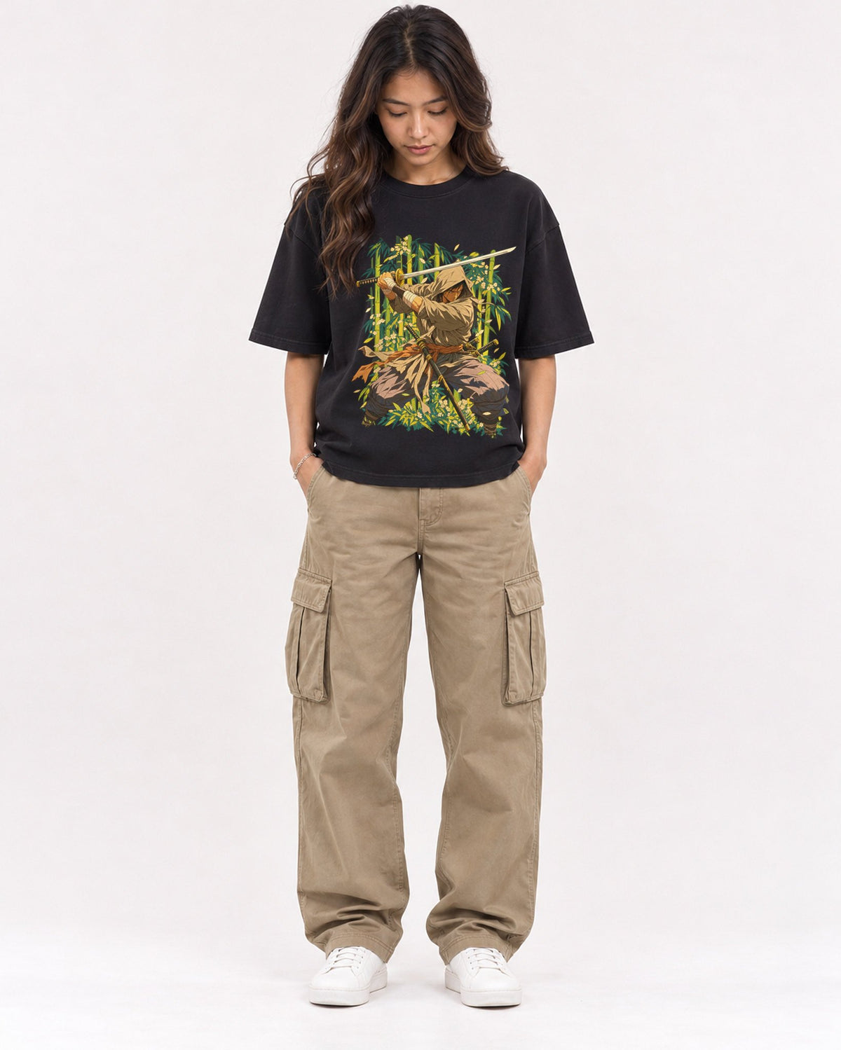 Mockup Boxy Heavyweight Tee Black female full-body 02
