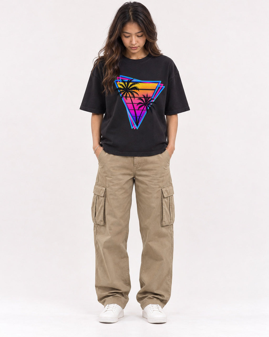 Mockup Boxy Heavyweight Tee Black female full-body 02