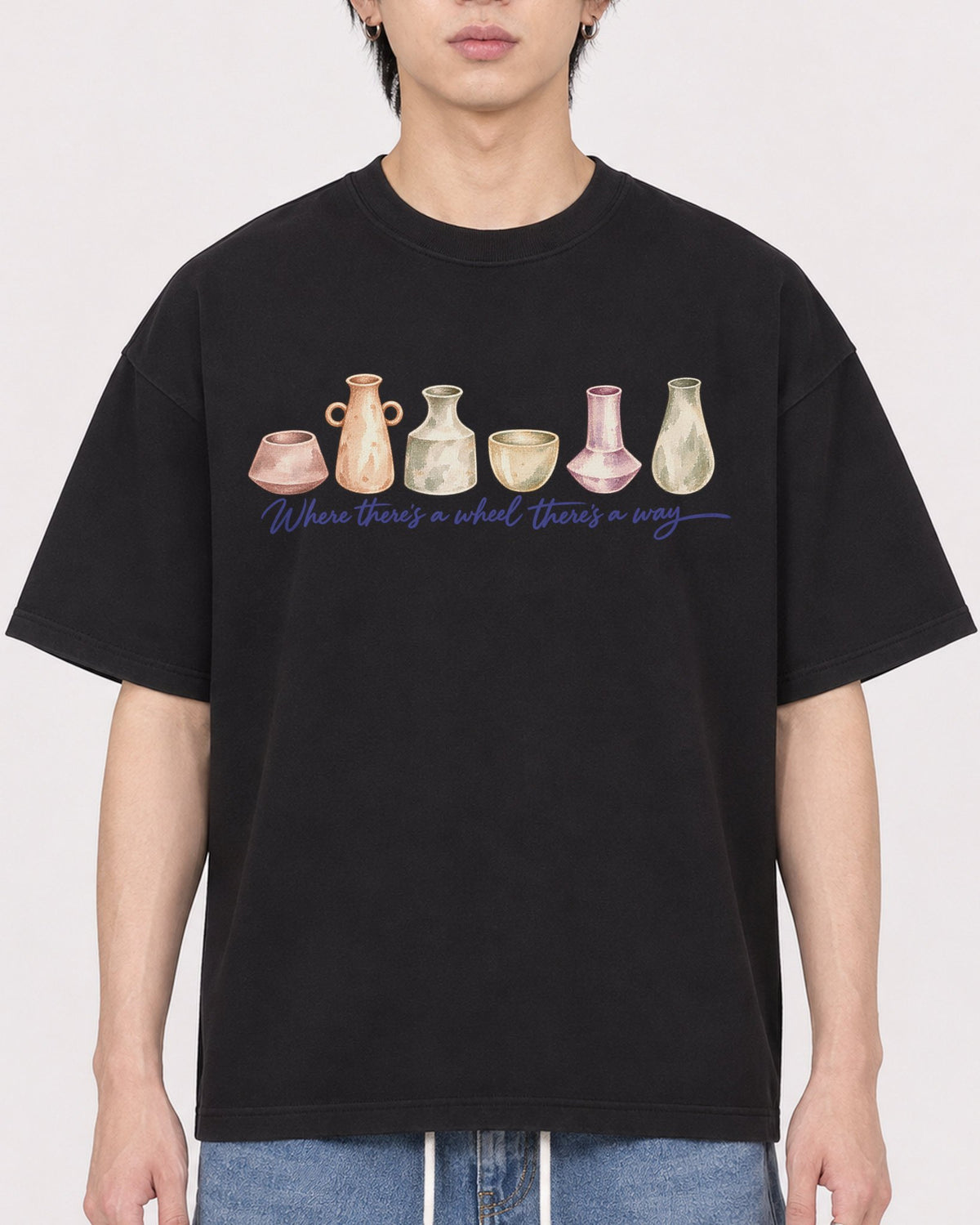 Mockup Boxy Heavyweight Tee Black male close-up 11