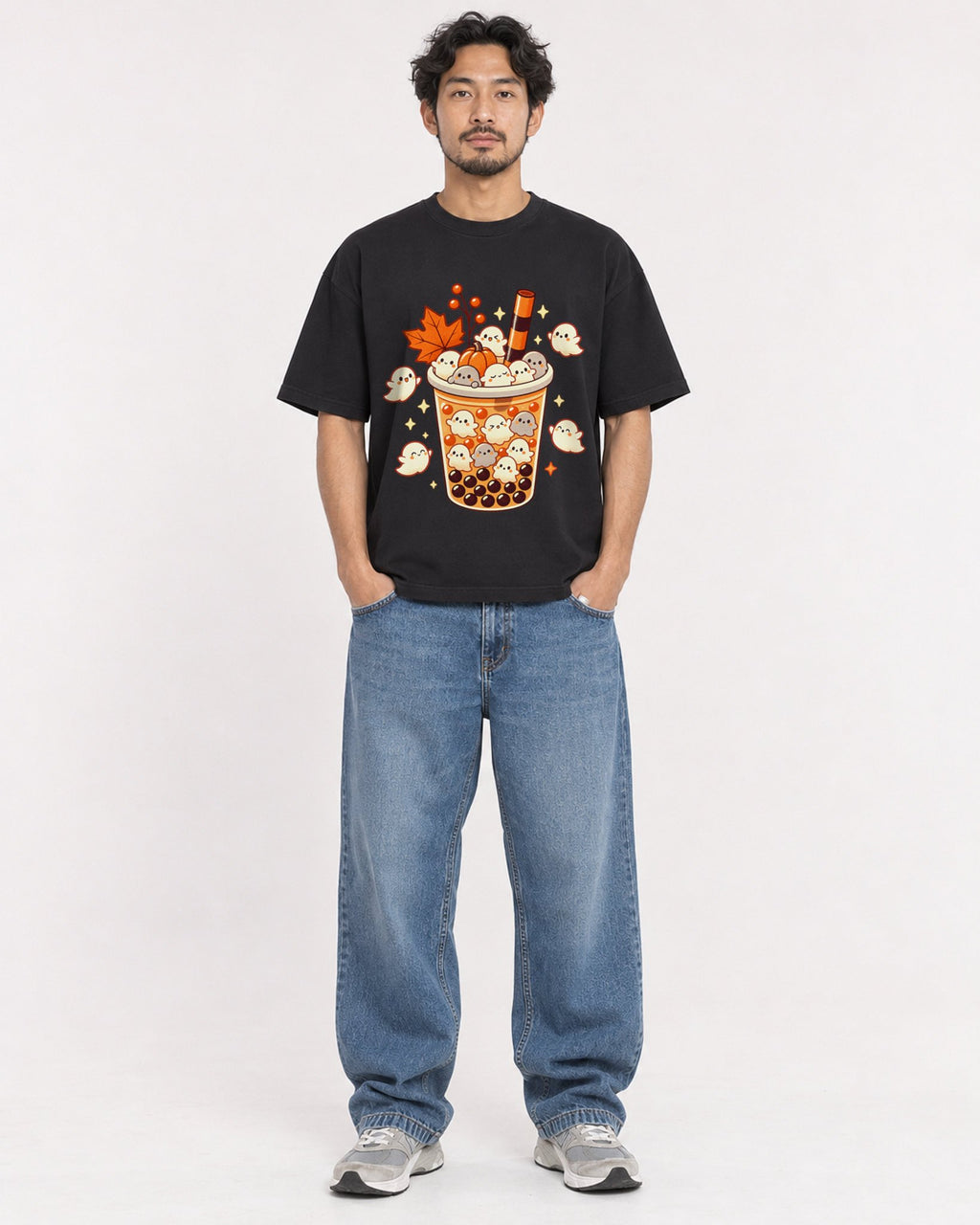 Mockup Boxy Heavyweight Tee Black male full-body 02