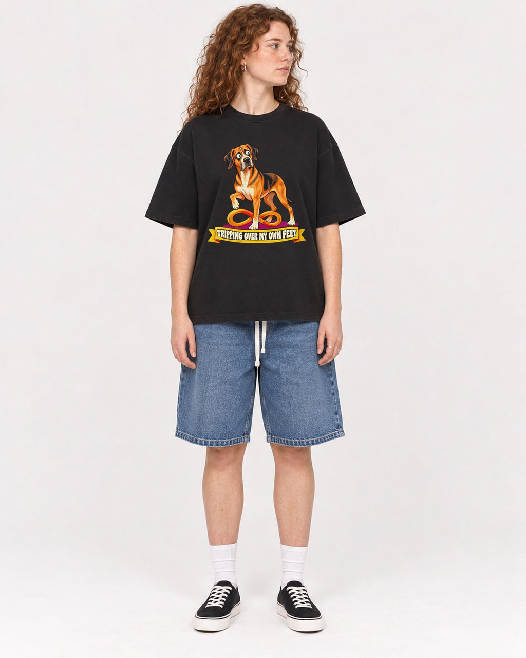 Mockup Boxy Heavyweight Tee Black female full-body 09
