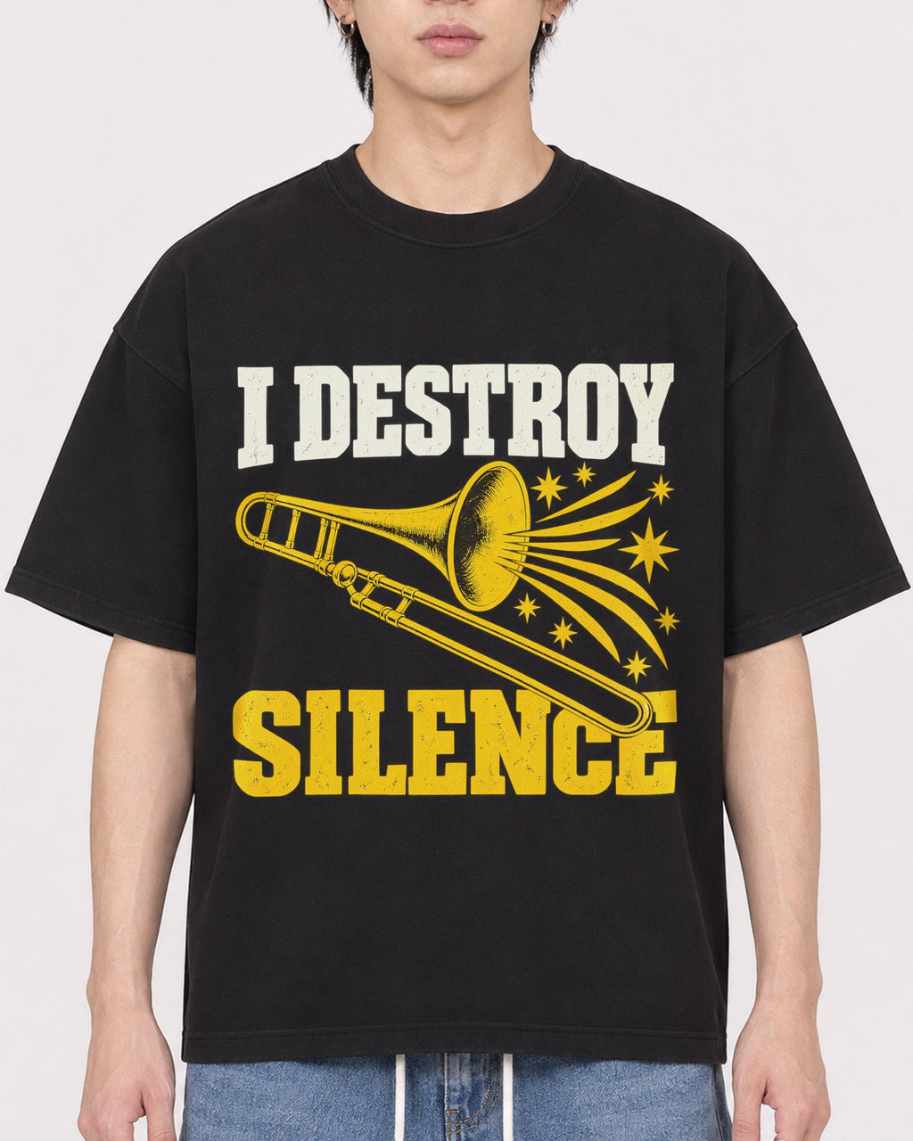 Mockup Boxy Heavyweight Tee Black male close-up 11