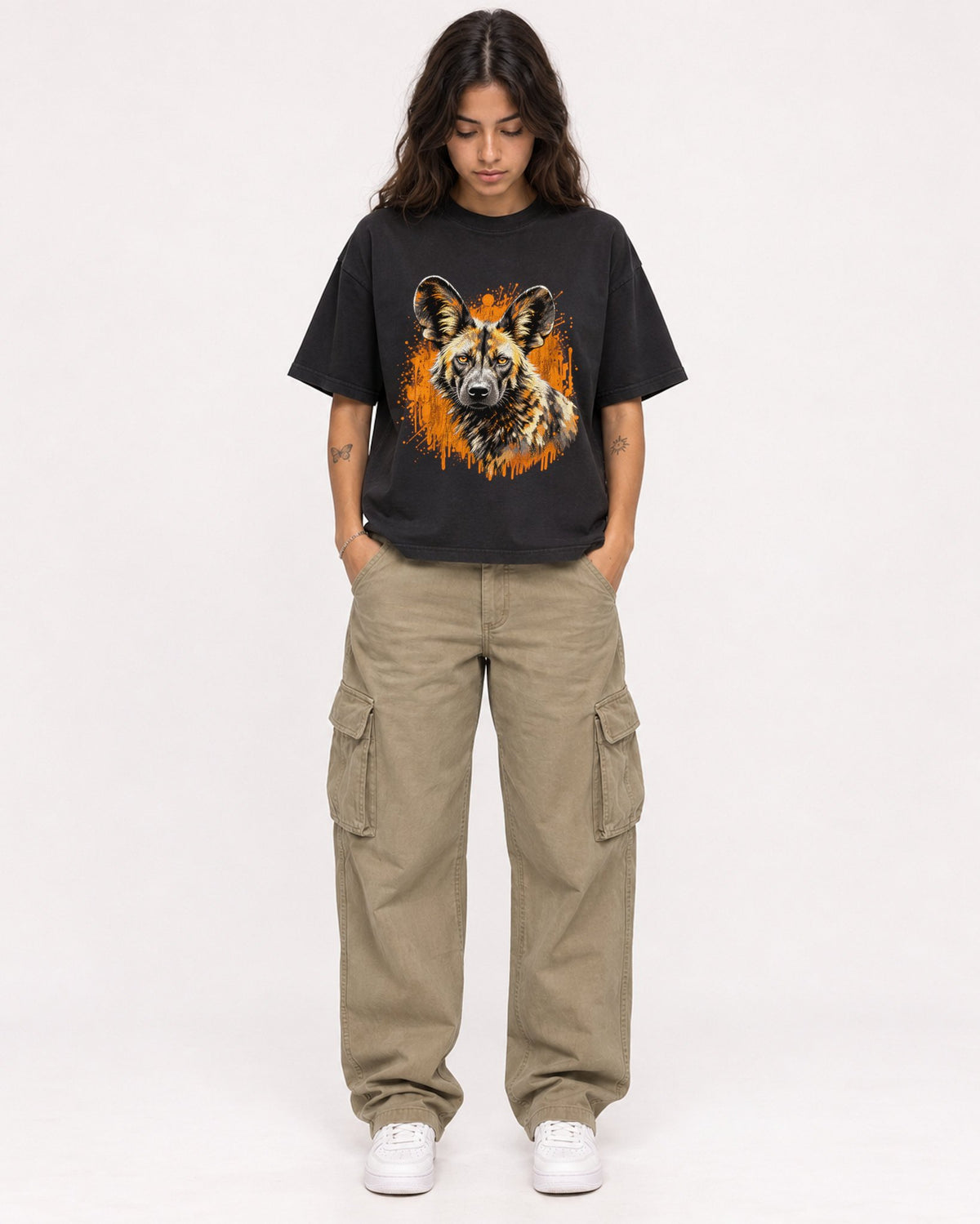 Mockup Boxy Heavyweight Tee Black female full-body 06