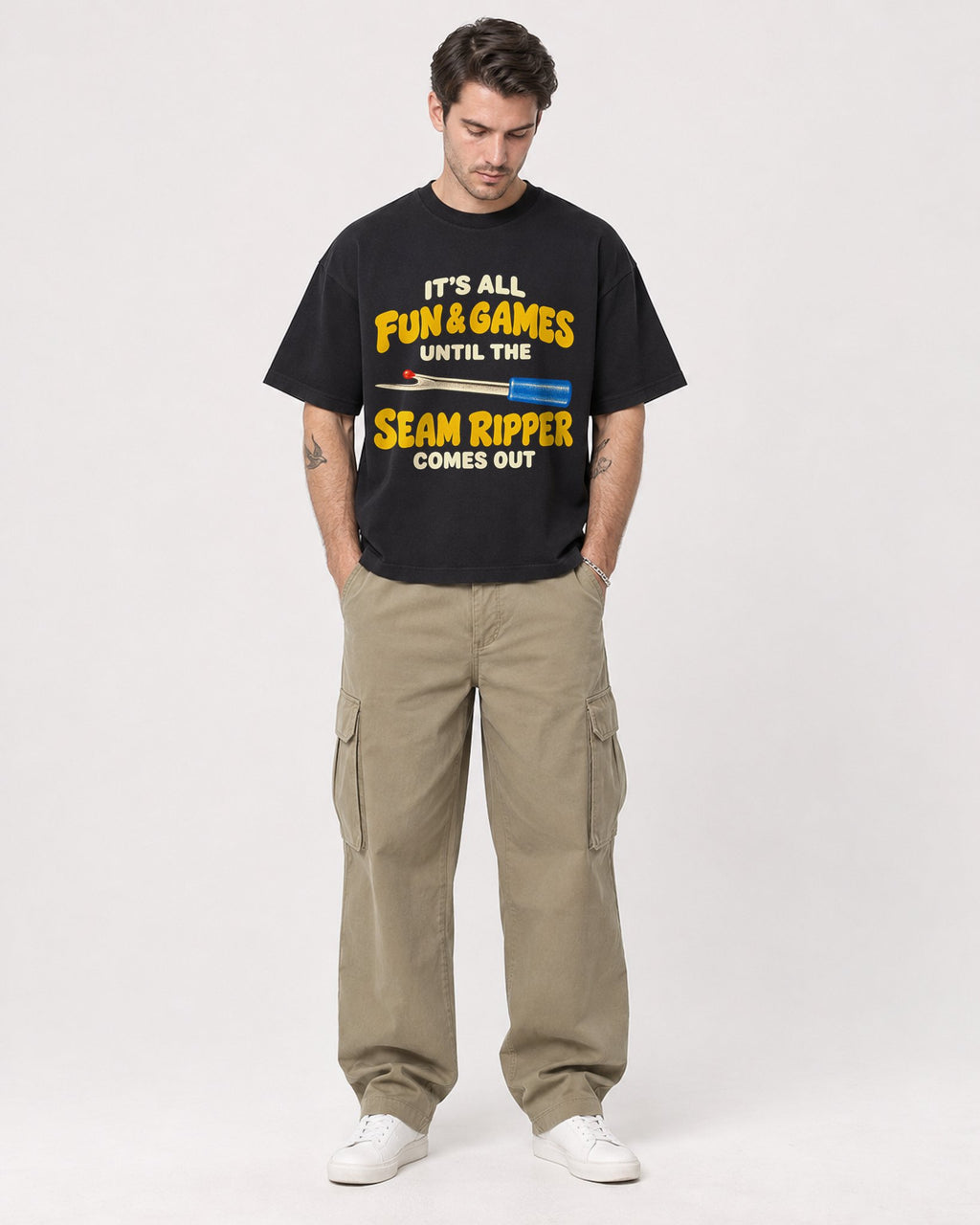 Mockup Boxy Heavyweight Tee Black male full-body 48