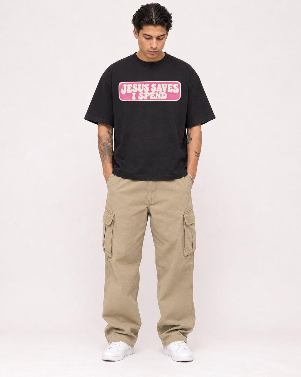 Mockup Boxy Heavyweight Tee Black male full-body 36