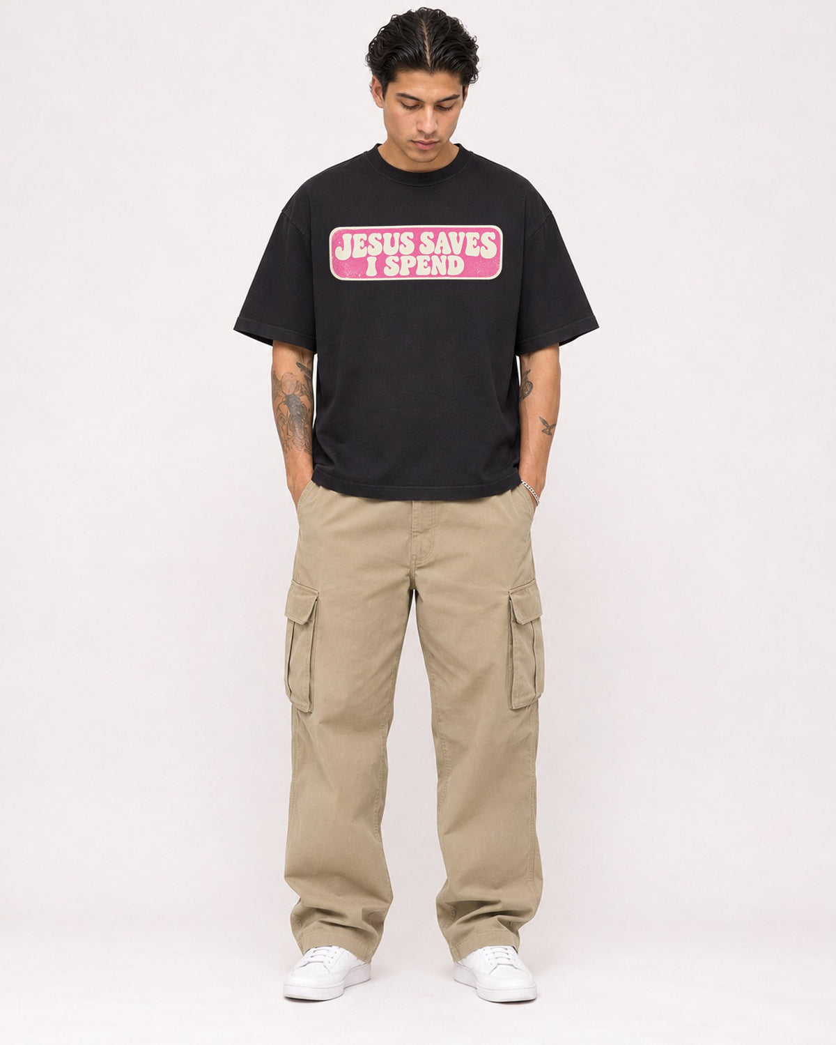 Mockup Boxy Heavyweight Tee Black male full-body 36