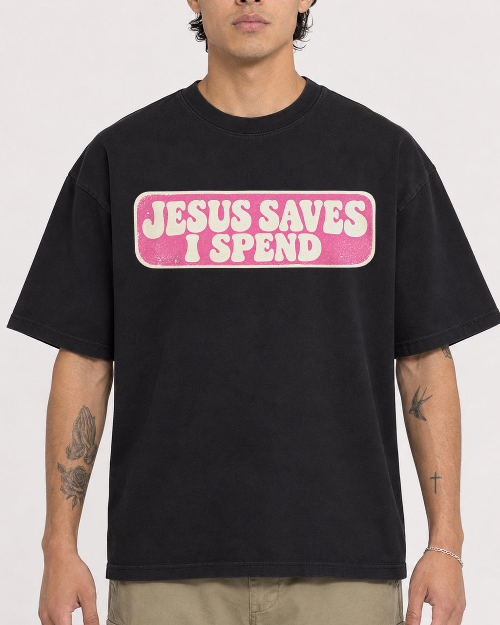 Mockup Boxy Heavyweight Tee Black male close-up 36
