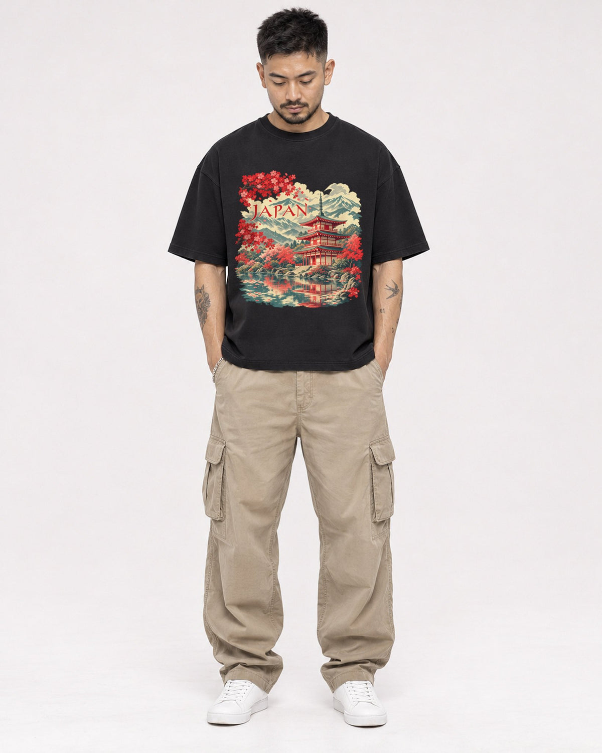 Mockup Boxy Heavyweight Tee Black male full-body 12