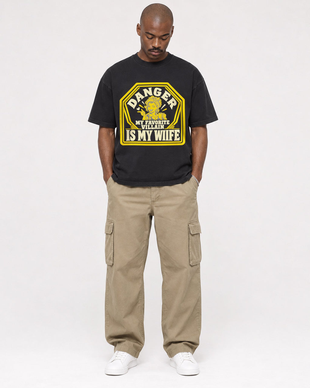 Mockup Boxy Heavyweight Tee Black male full-body 44