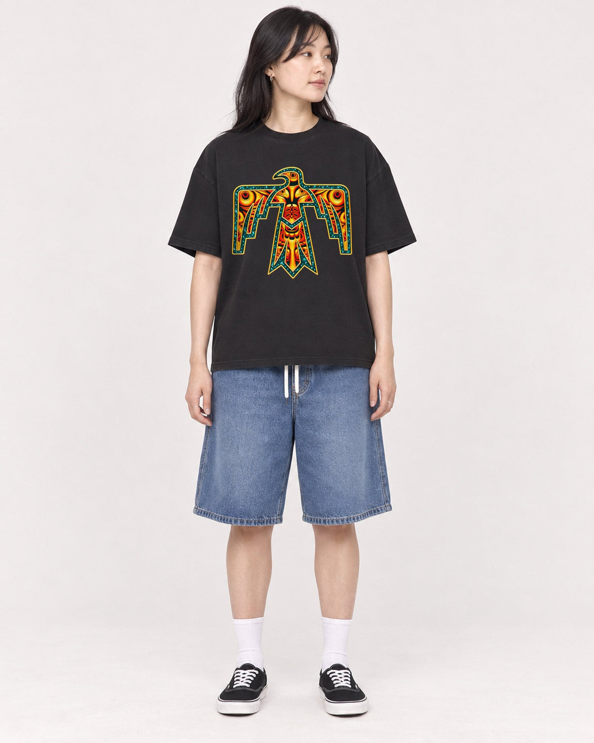 Mockup Boxy Heavyweight Tee Black female full-body 13