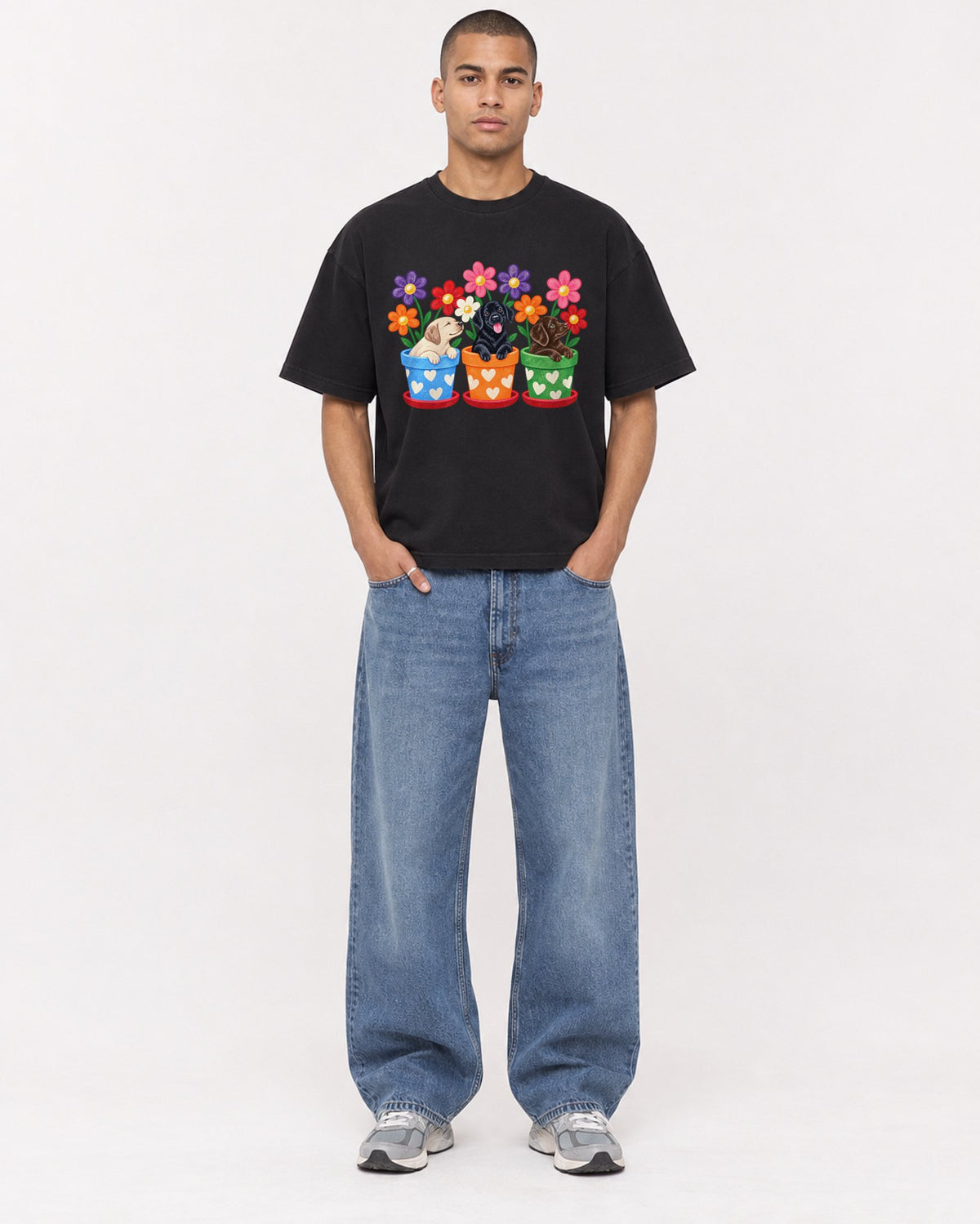 Mockup Boxy Heavyweight Tee Black male full-body 50
