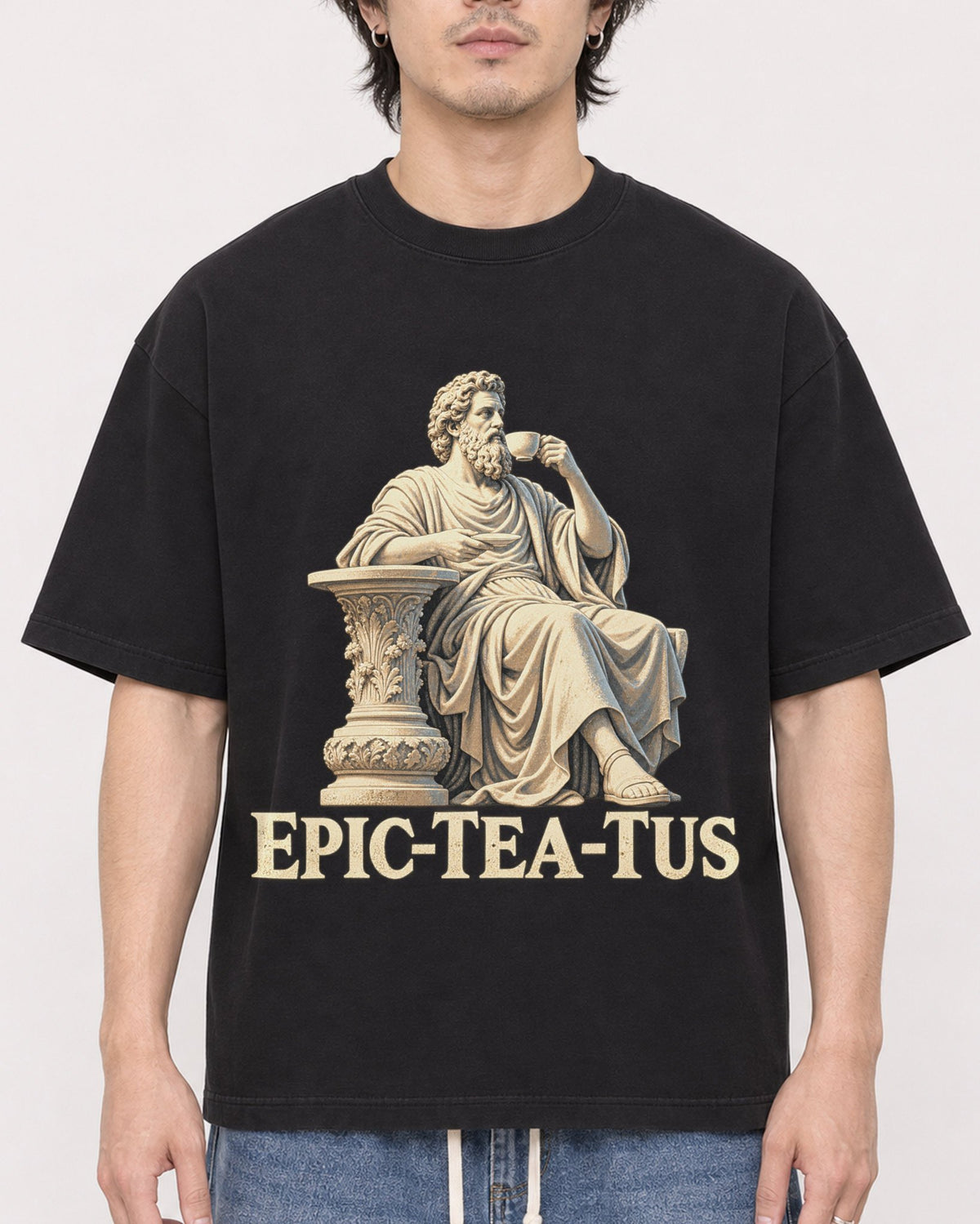 Mockup Boxy Heavyweight Tee Black male close-up 03