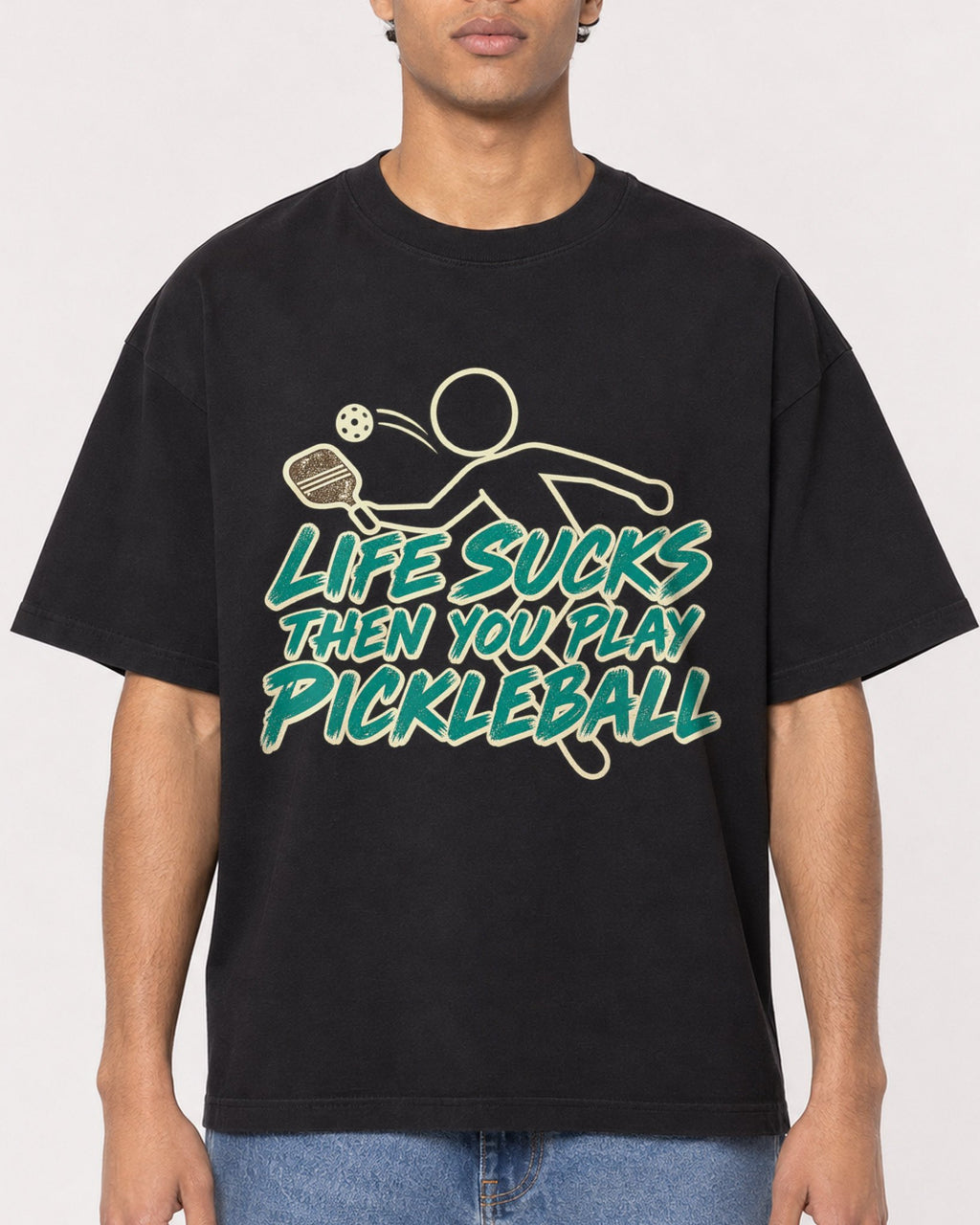Mockup Boxy Heavyweight Tee Black male close-up 10