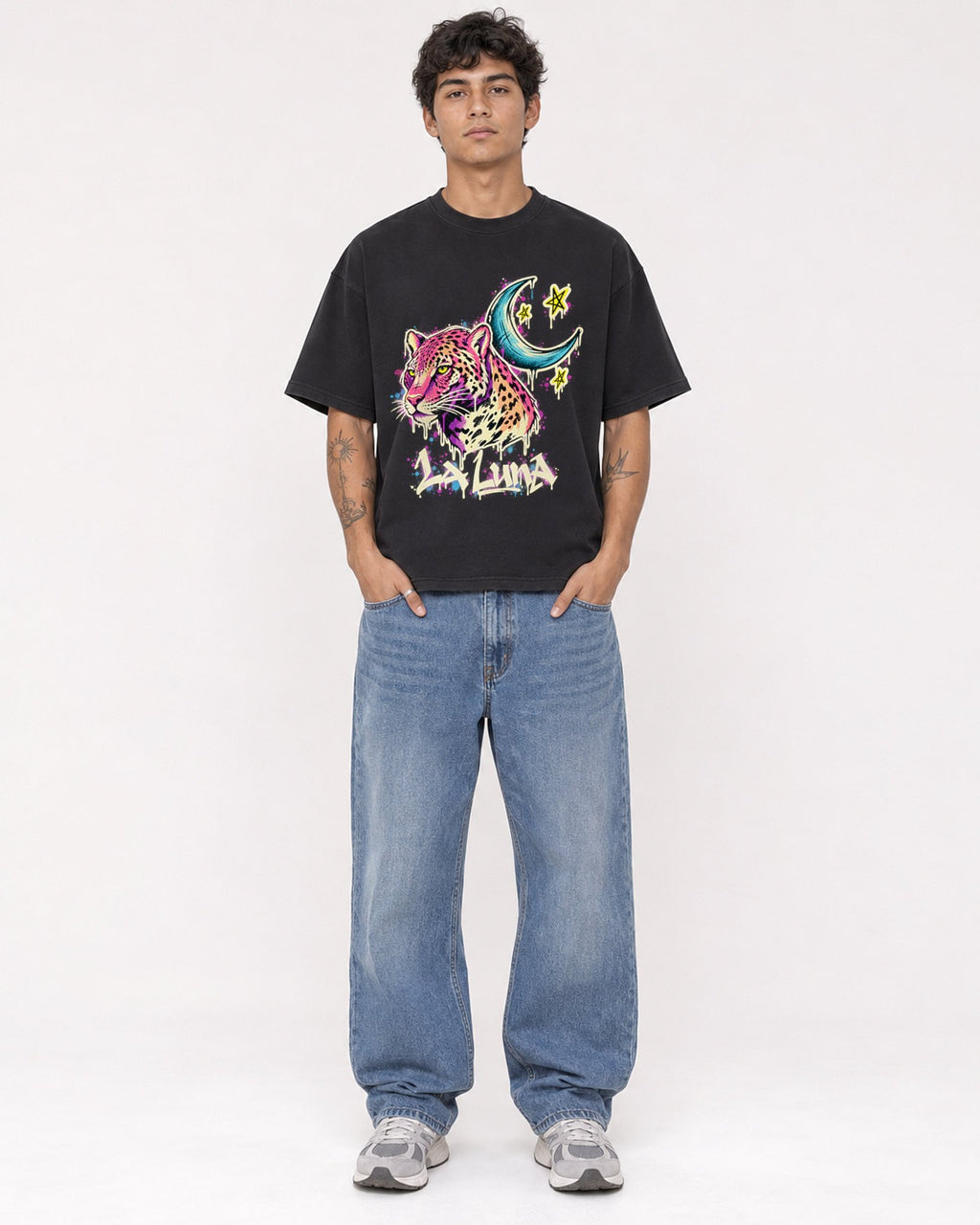 Mockup Boxy Heavyweight Tee Black male full-body 06