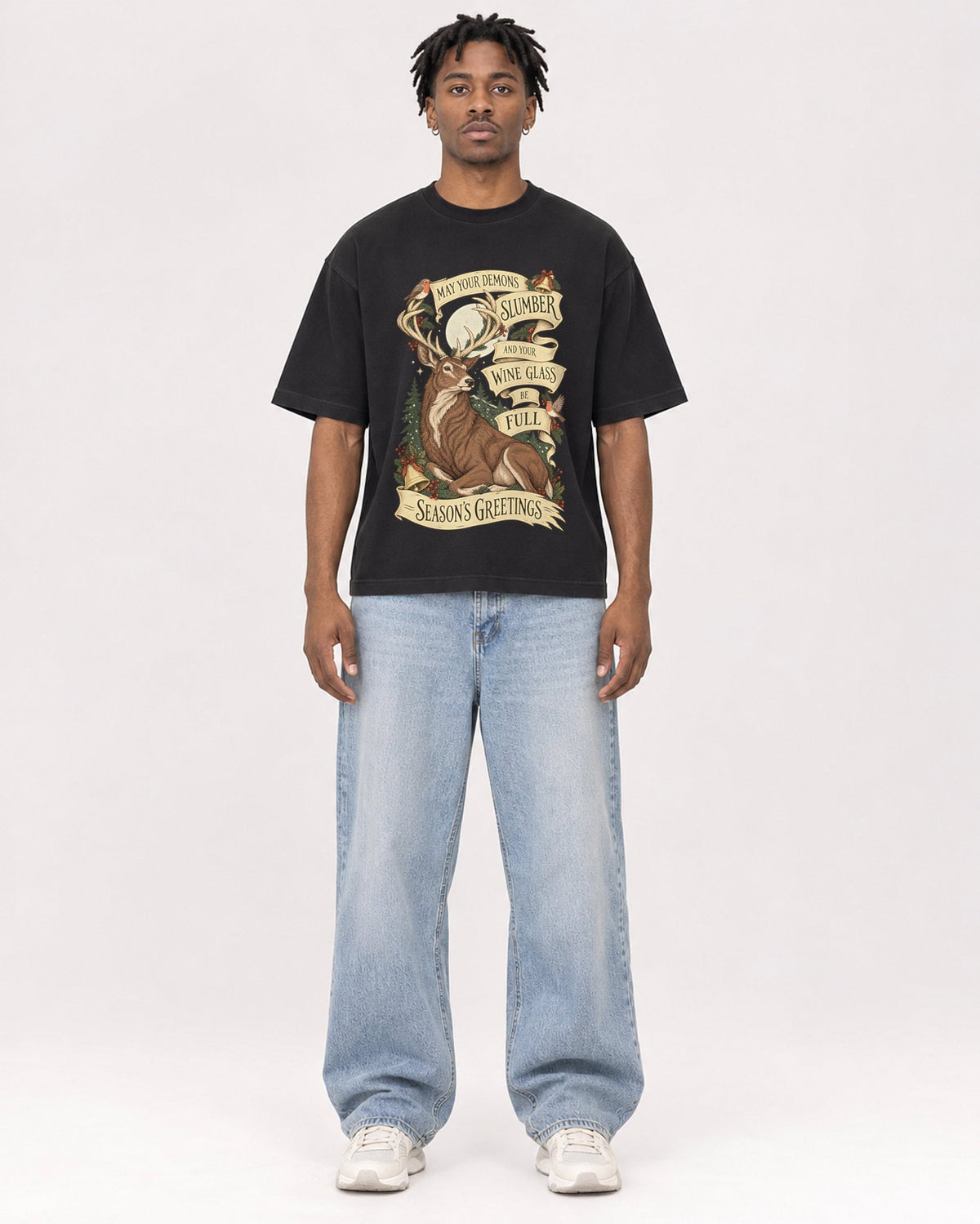 Mockup Boxy Heavyweight Tee Black male full-body 05