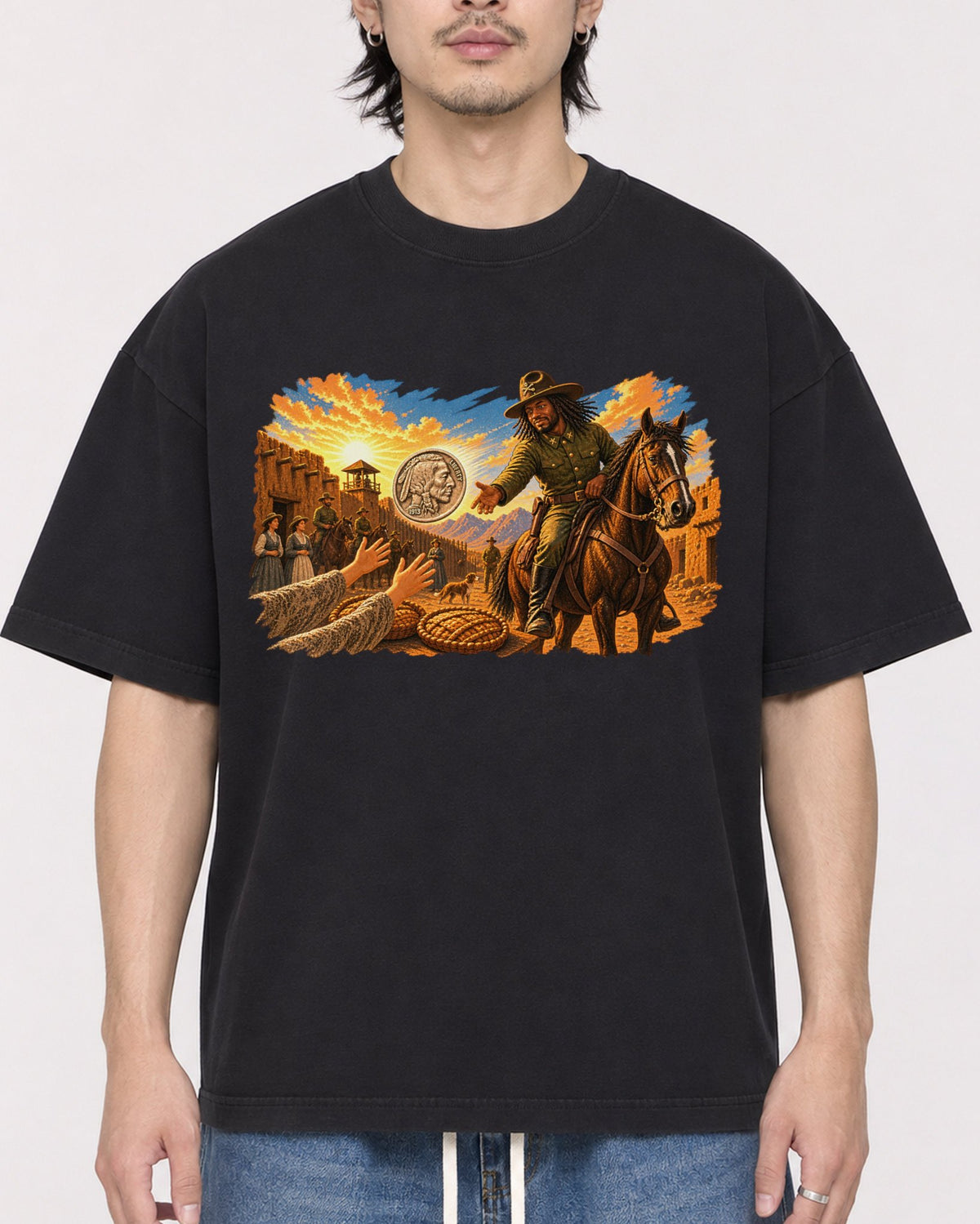 Mockup Boxy Heavyweight Tee Black male close-up 23
