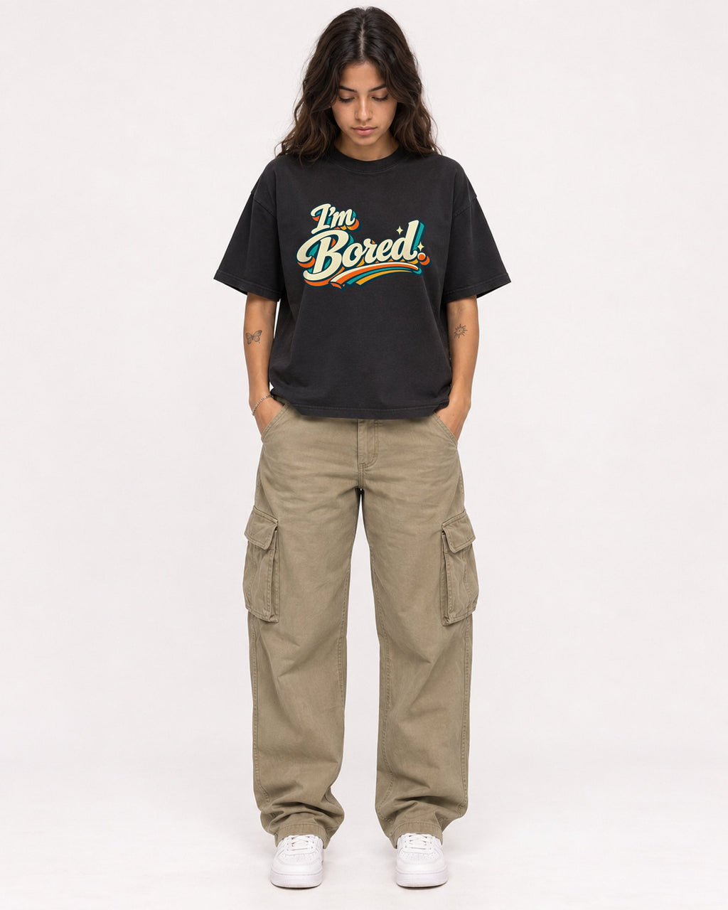 Mockup Boxy Heavyweight Tee Black female full-body 06