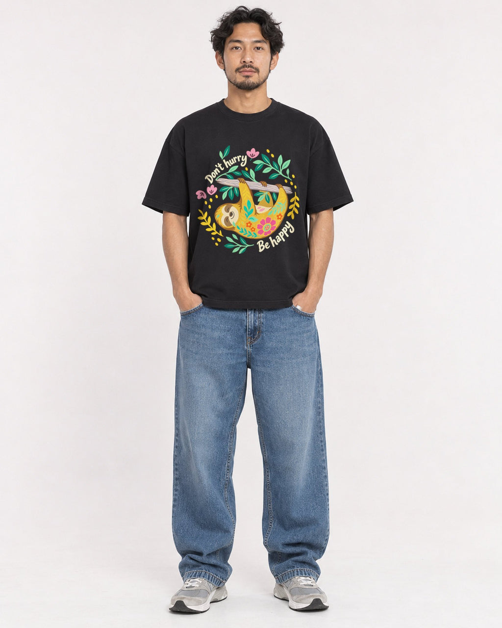 Mockup Boxy Heavyweight Tee Black male full-body 02