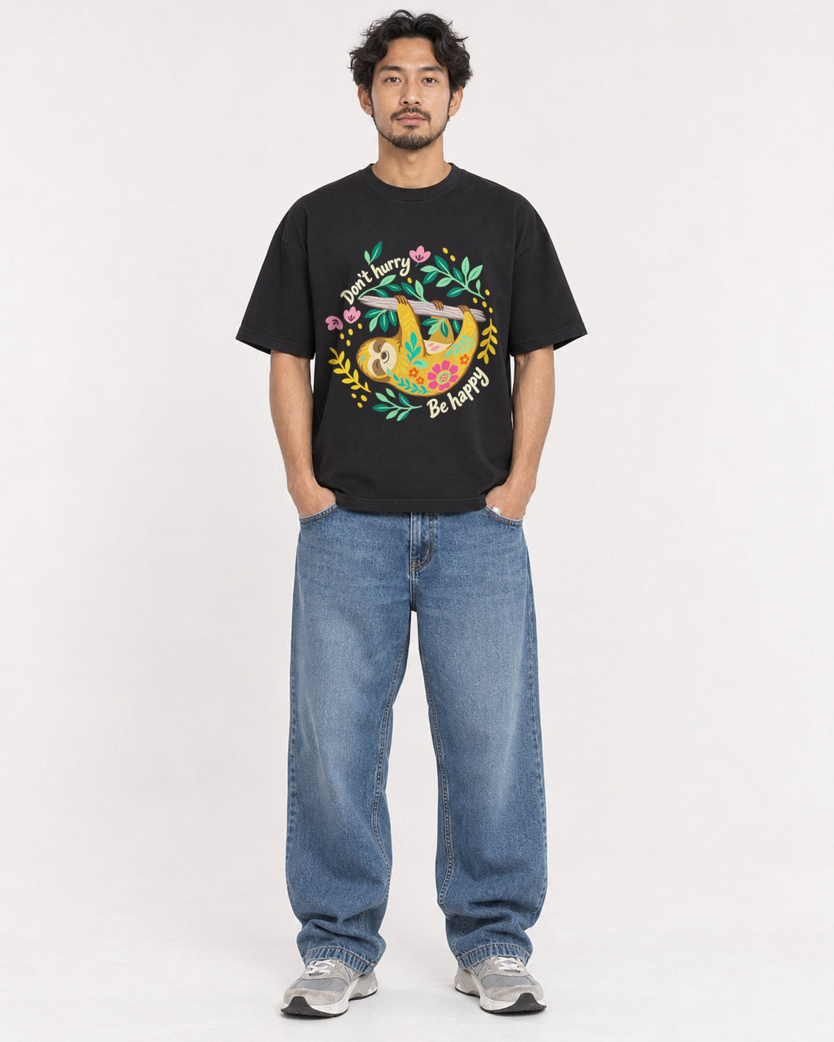 Mockup Boxy Heavyweight Tee Black male full-body 02