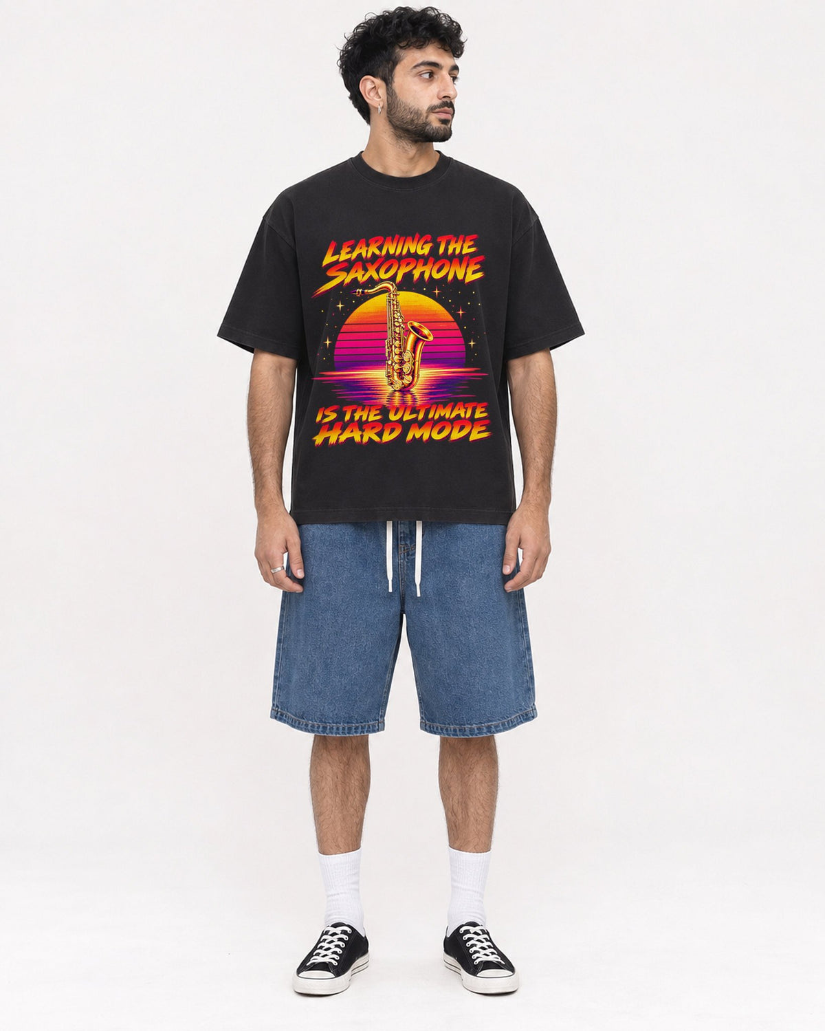 Mockup Boxy Heavyweight Tee Black male full-body 07