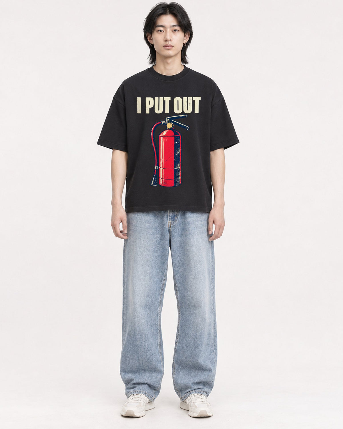 Mockup Boxy Heavyweight Tee Black male full-body 41