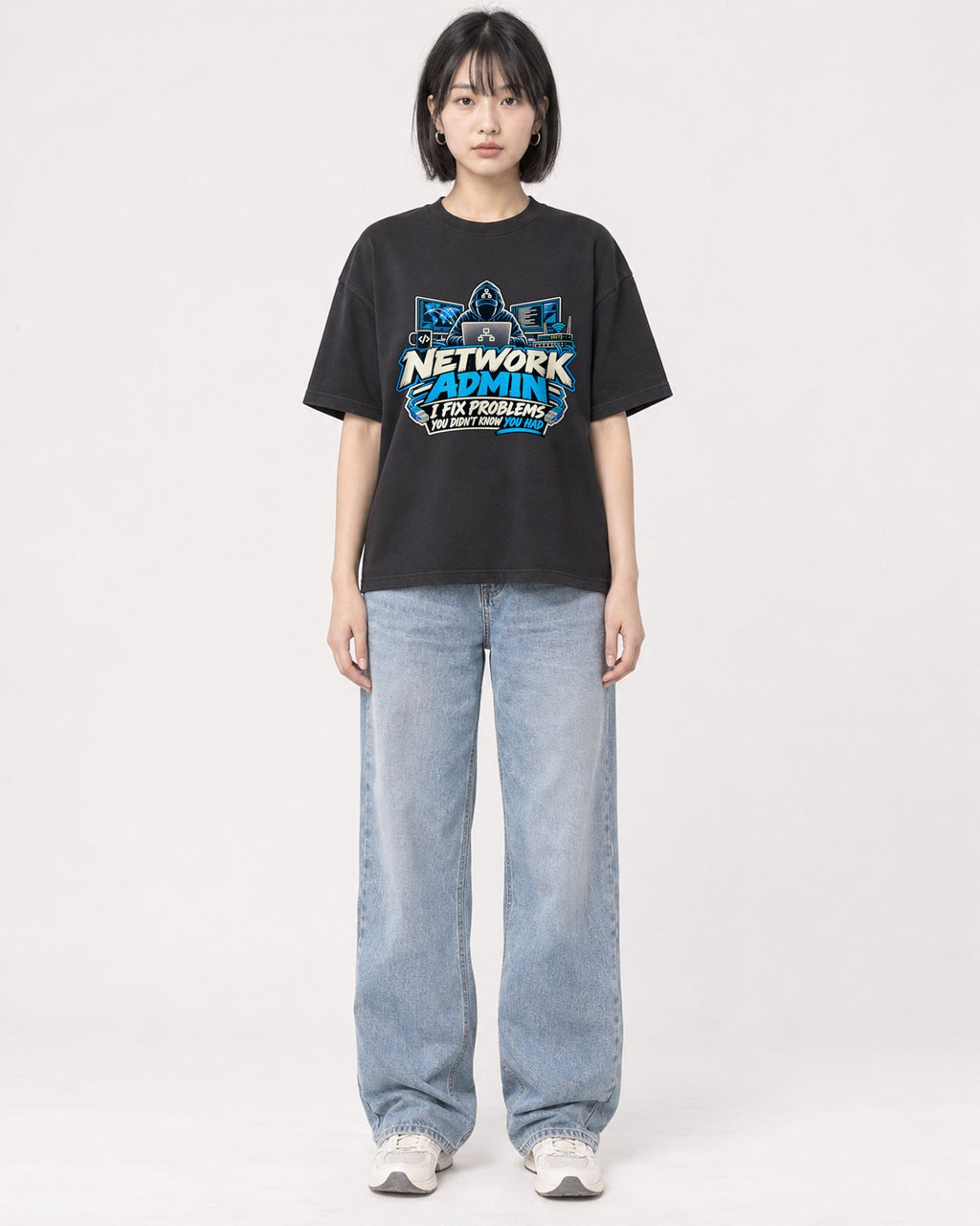 Mockup Boxy Heavyweight Tee Black female full-body 11