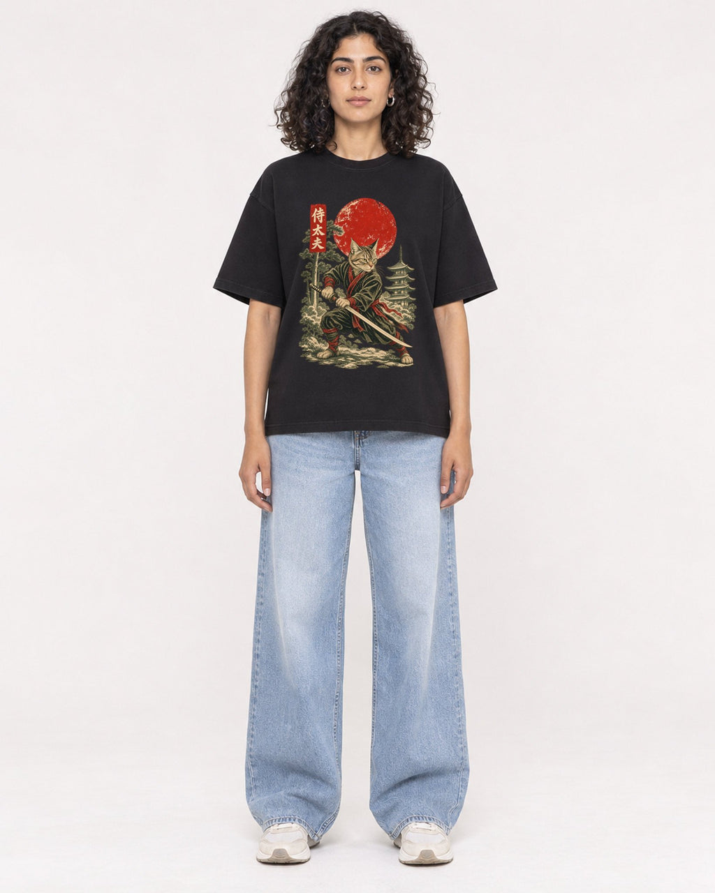 Mockup Boxy Heavyweight Tee Black female full-body 27