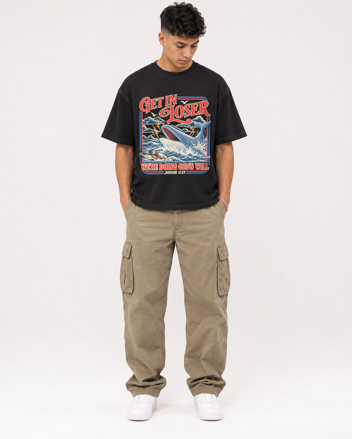 Mockup Boxy Heavyweight Tee Black male full-body 16