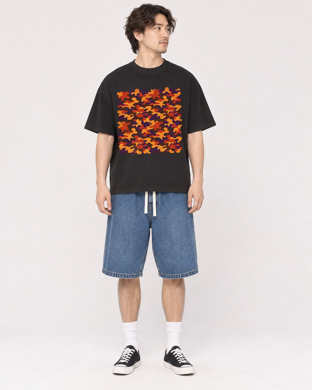 Mockup Boxy Heavyweight Tee Black male full-body 03