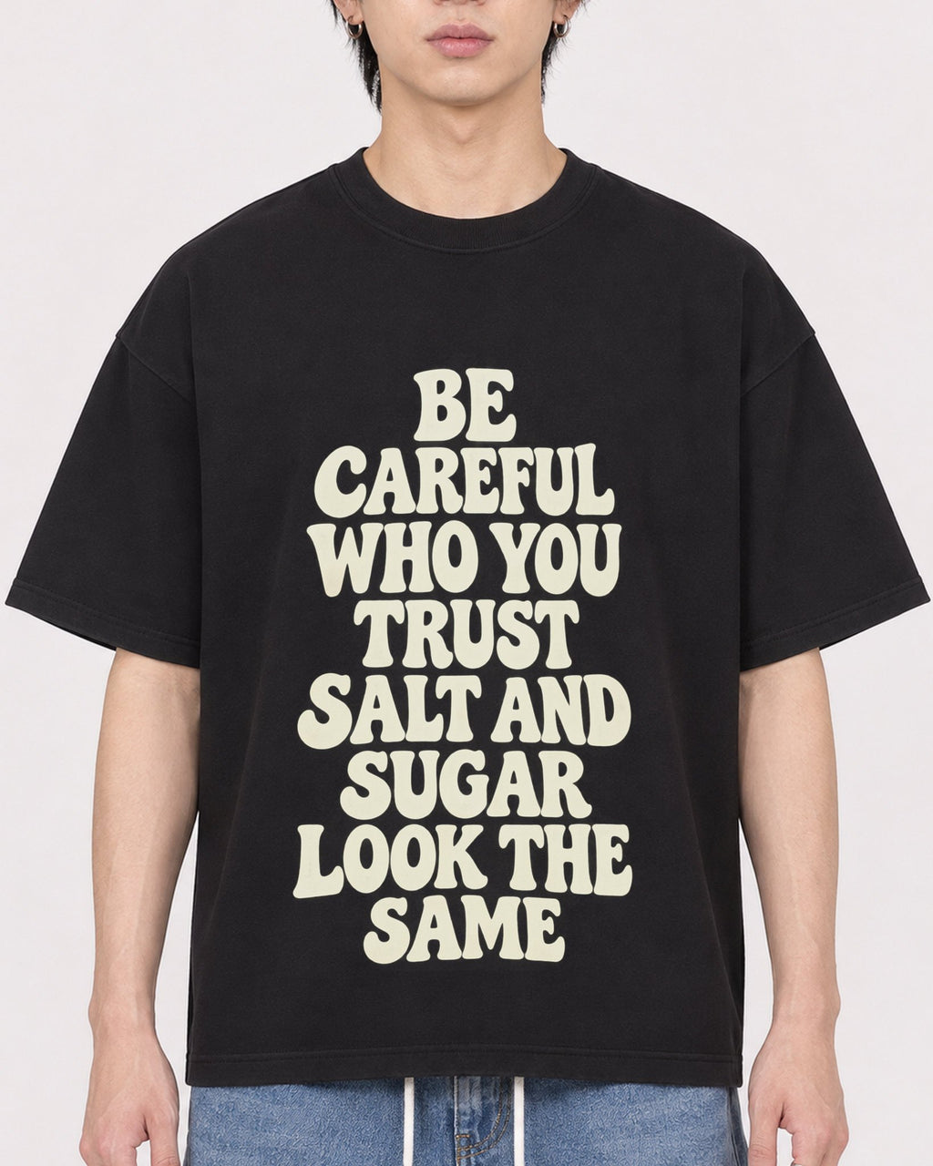 Mockup Boxy Heavyweight Tee Black male close-up 11