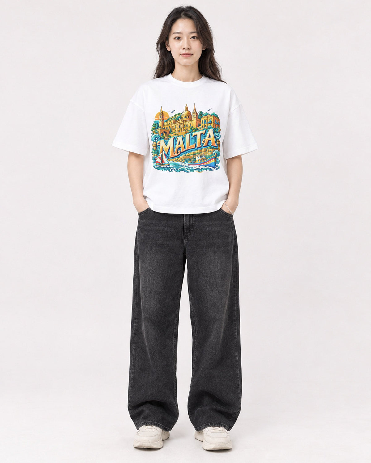 Mockup Boxy Heavyweight Tee White female full-body 03