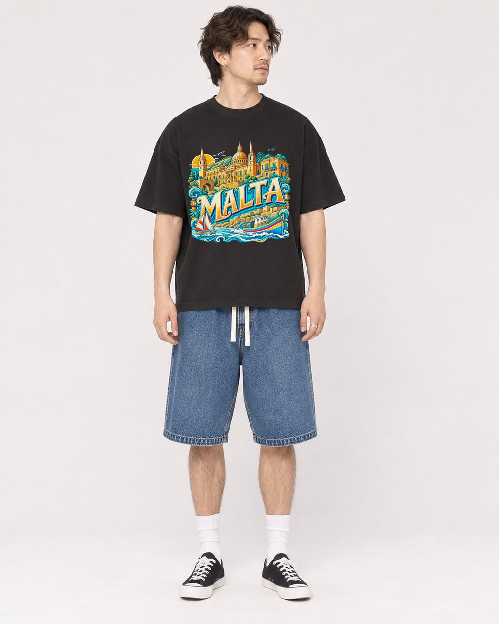 Mockup Boxy Heavyweight Tee Black male full-body 03
