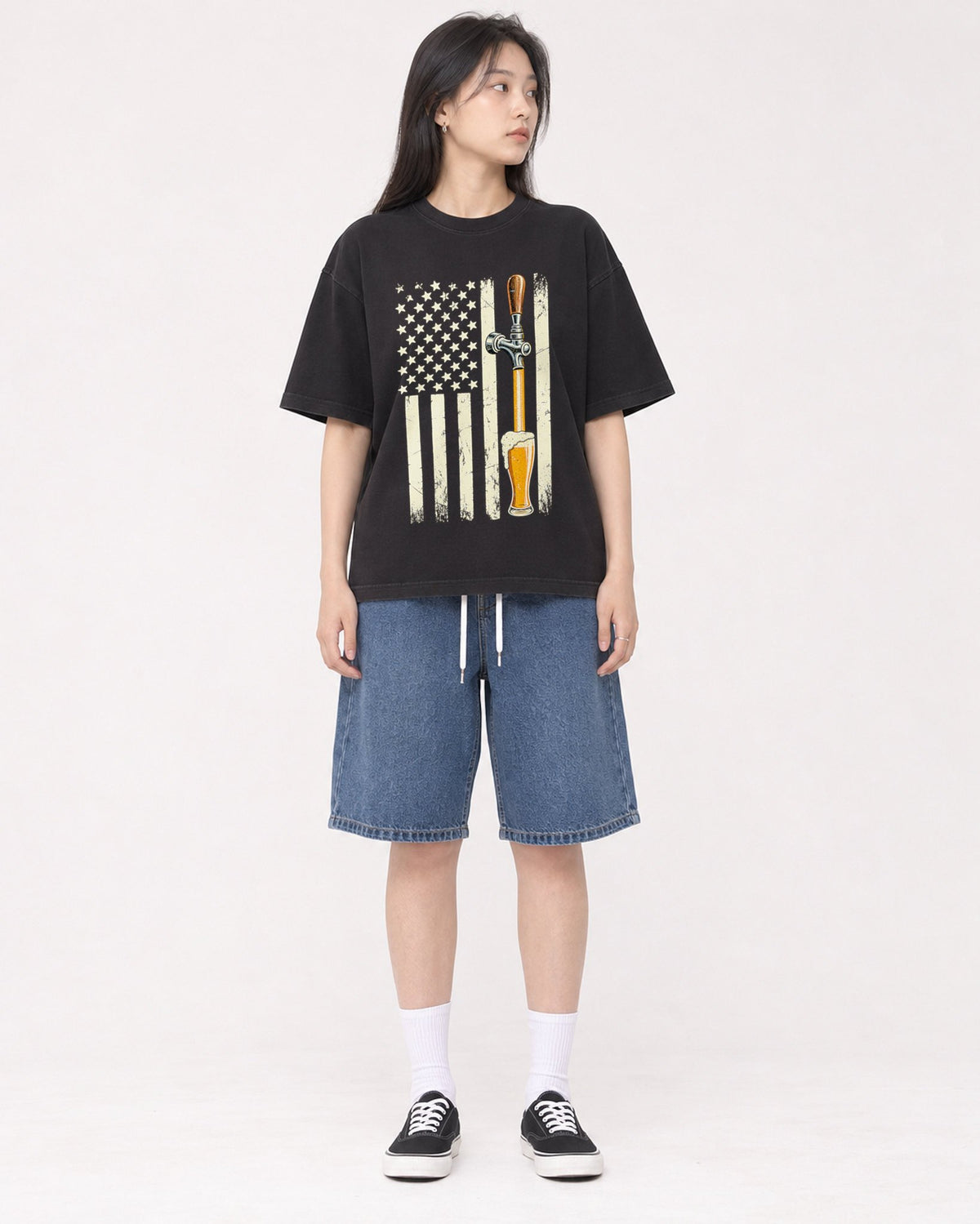 Mockup Boxy Heavyweight Tee Black female full-body 01