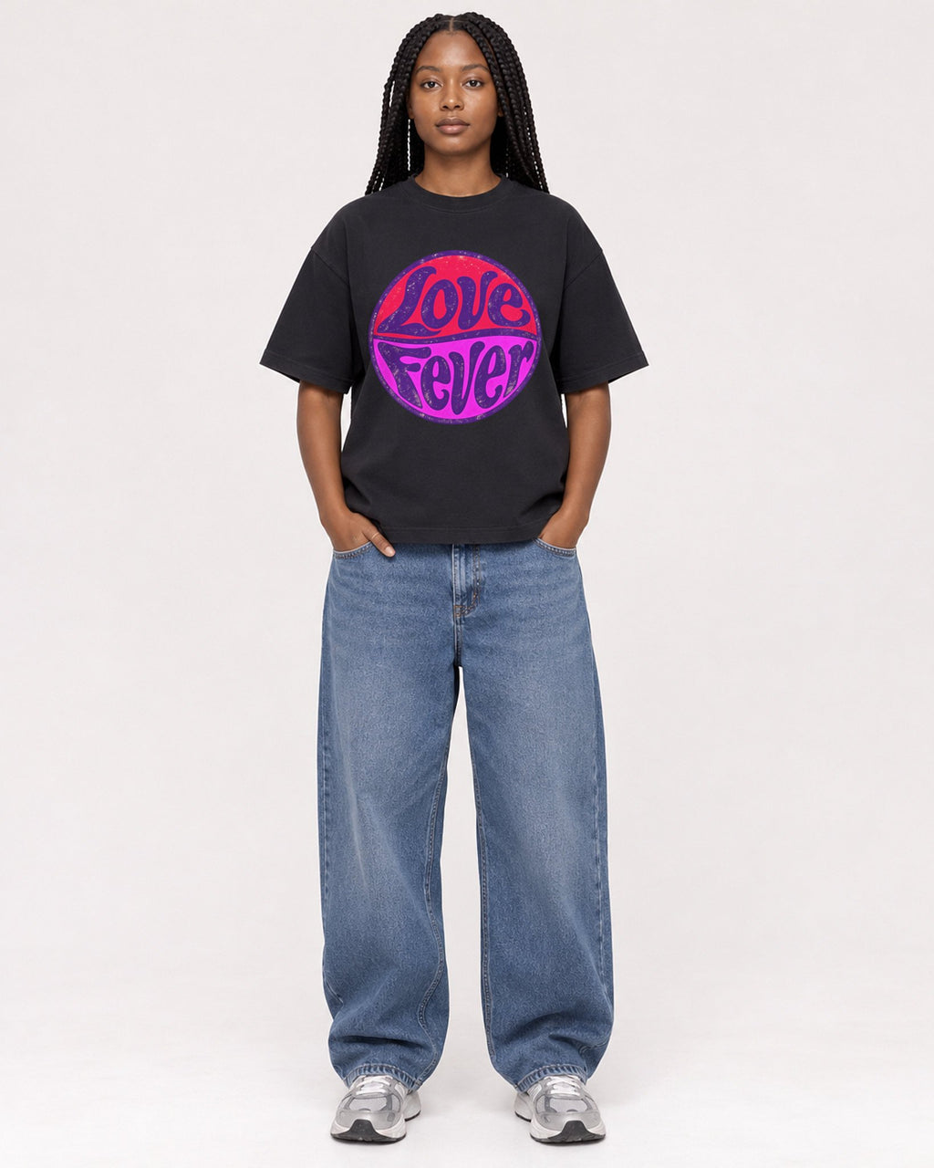 Mockup Boxy Heavyweight Tee Black female full-body 04