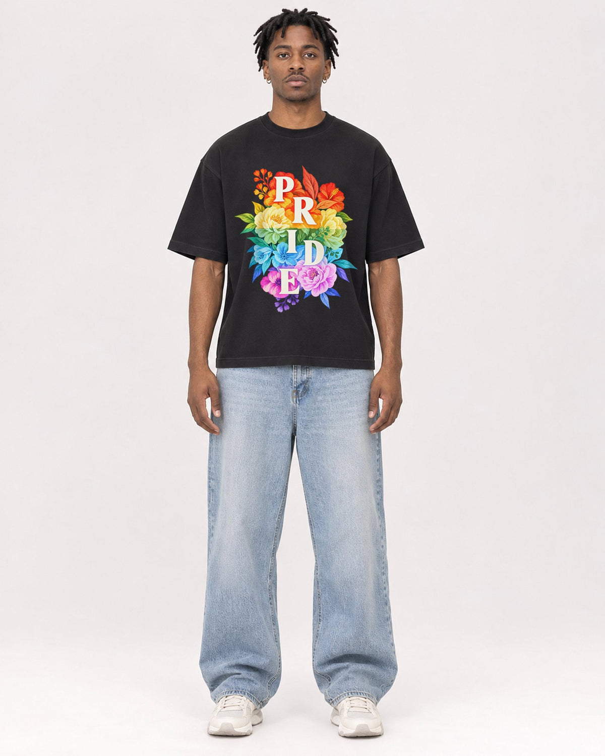 Mockup Boxy Heavyweight Tee Black male full-body 05