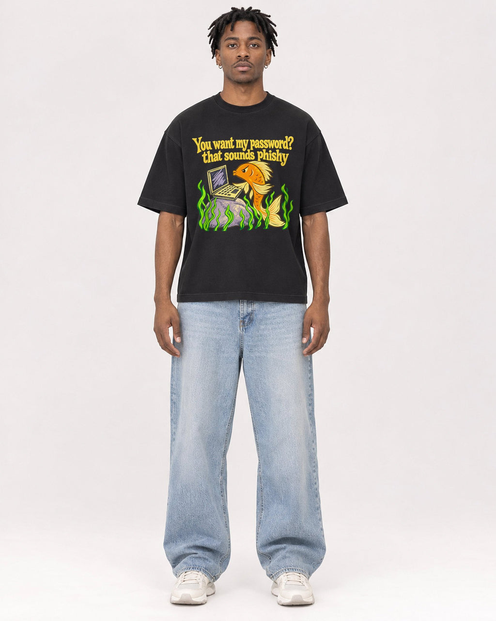 Mockup Boxy Heavyweight Tee Black male full-body 05