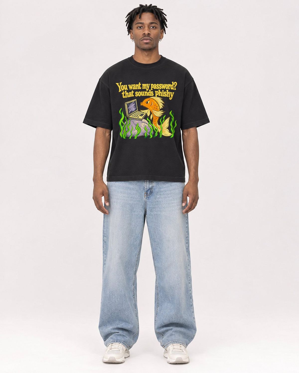 Mockup Boxy Heavyweight Tee Black male full-body 05